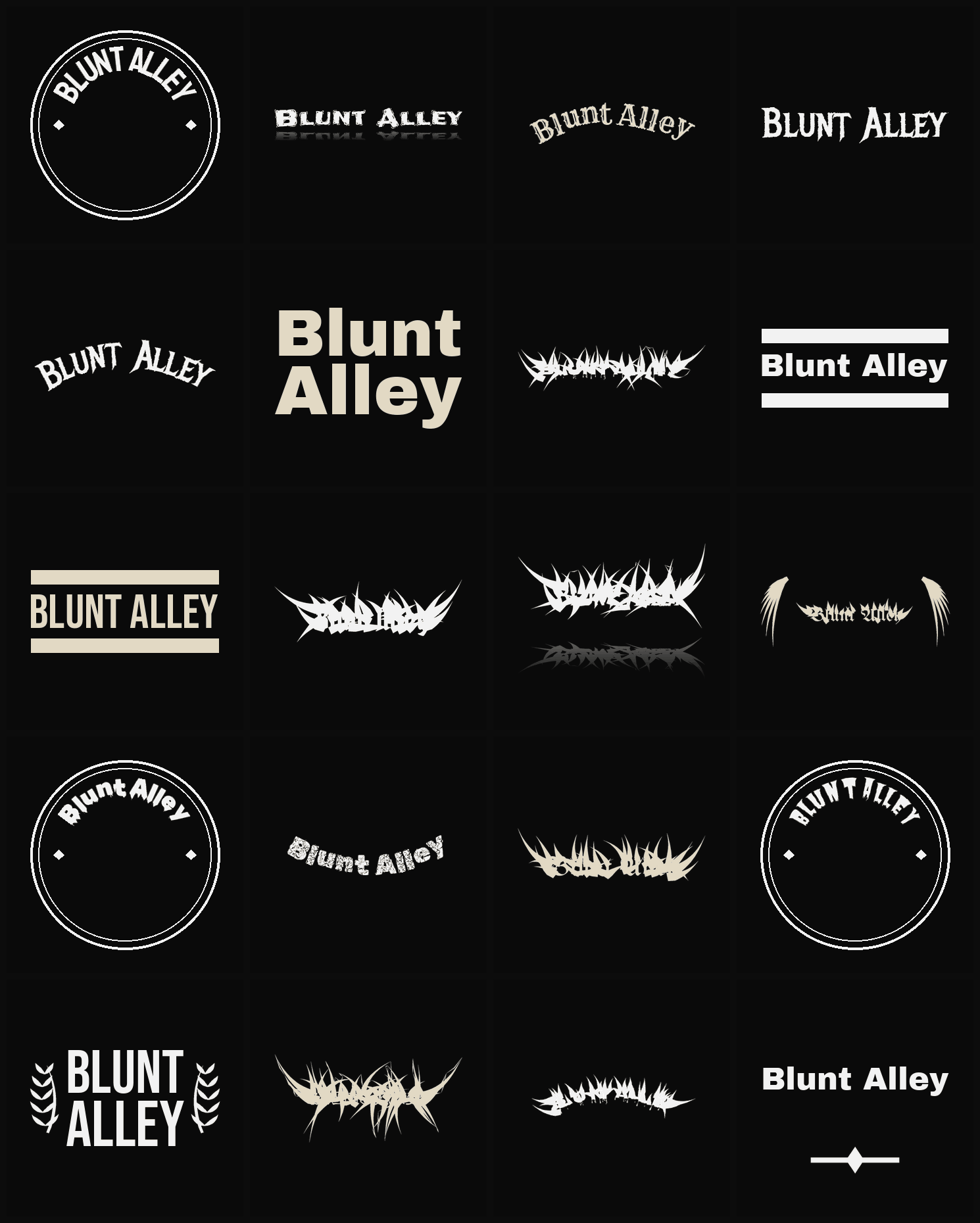 Twenty Blunt Alley band logo ideas — different faces, treatments and spike settings