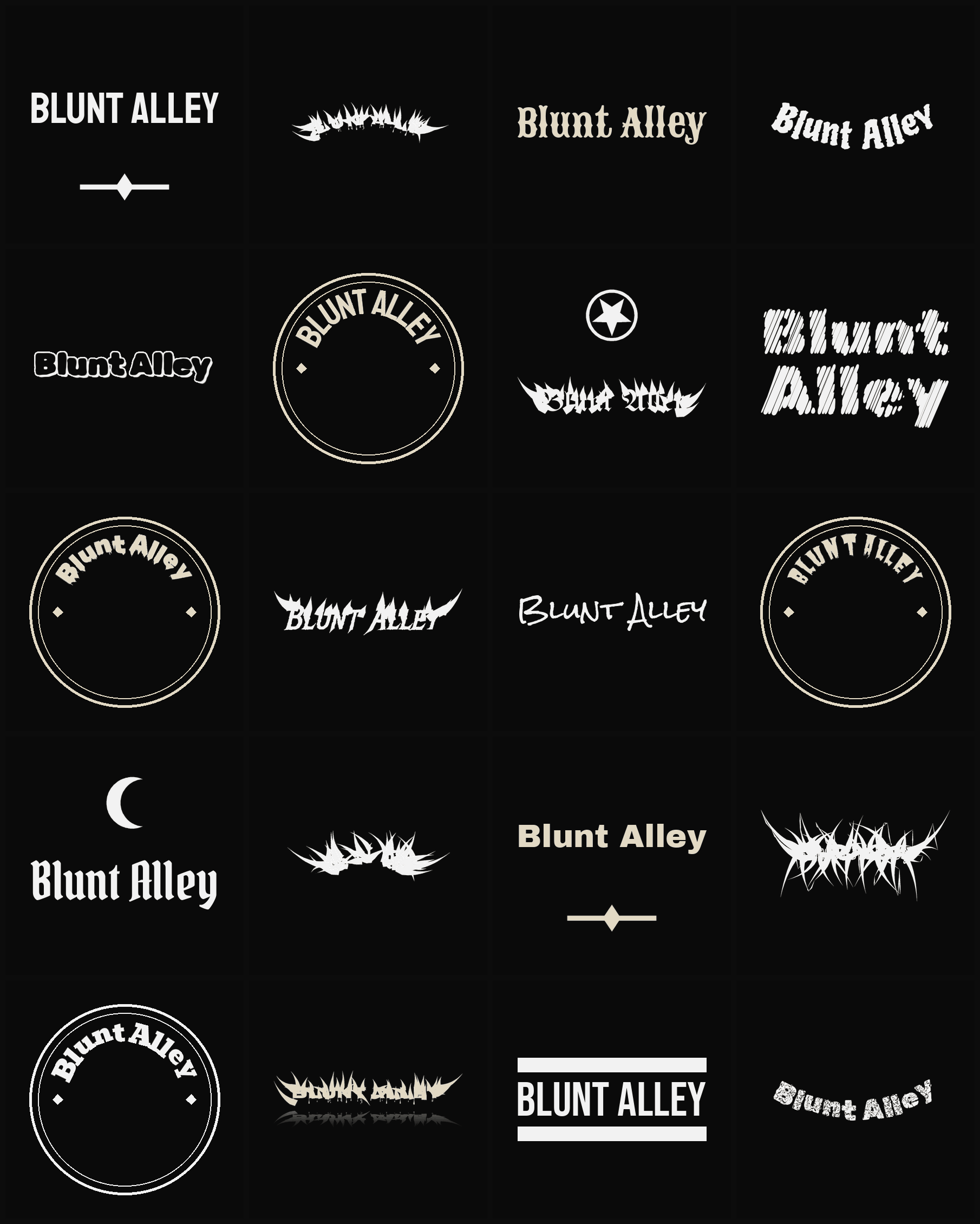 Twenty Blunt Alley band logo ideas — different faces, treatments and spike settings