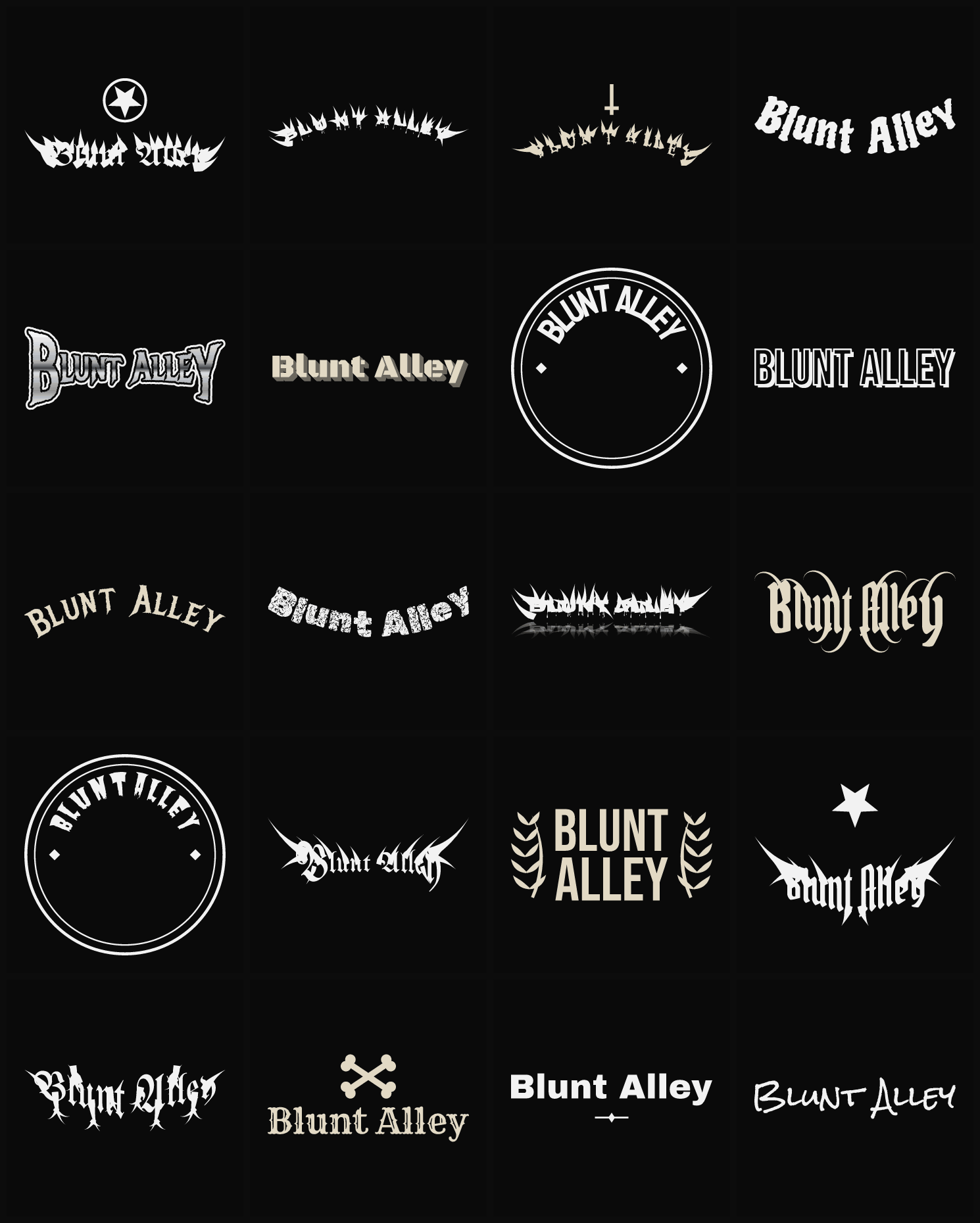 Twenty Blunt Alley band logo ideas — different faces, treatments and spike settings