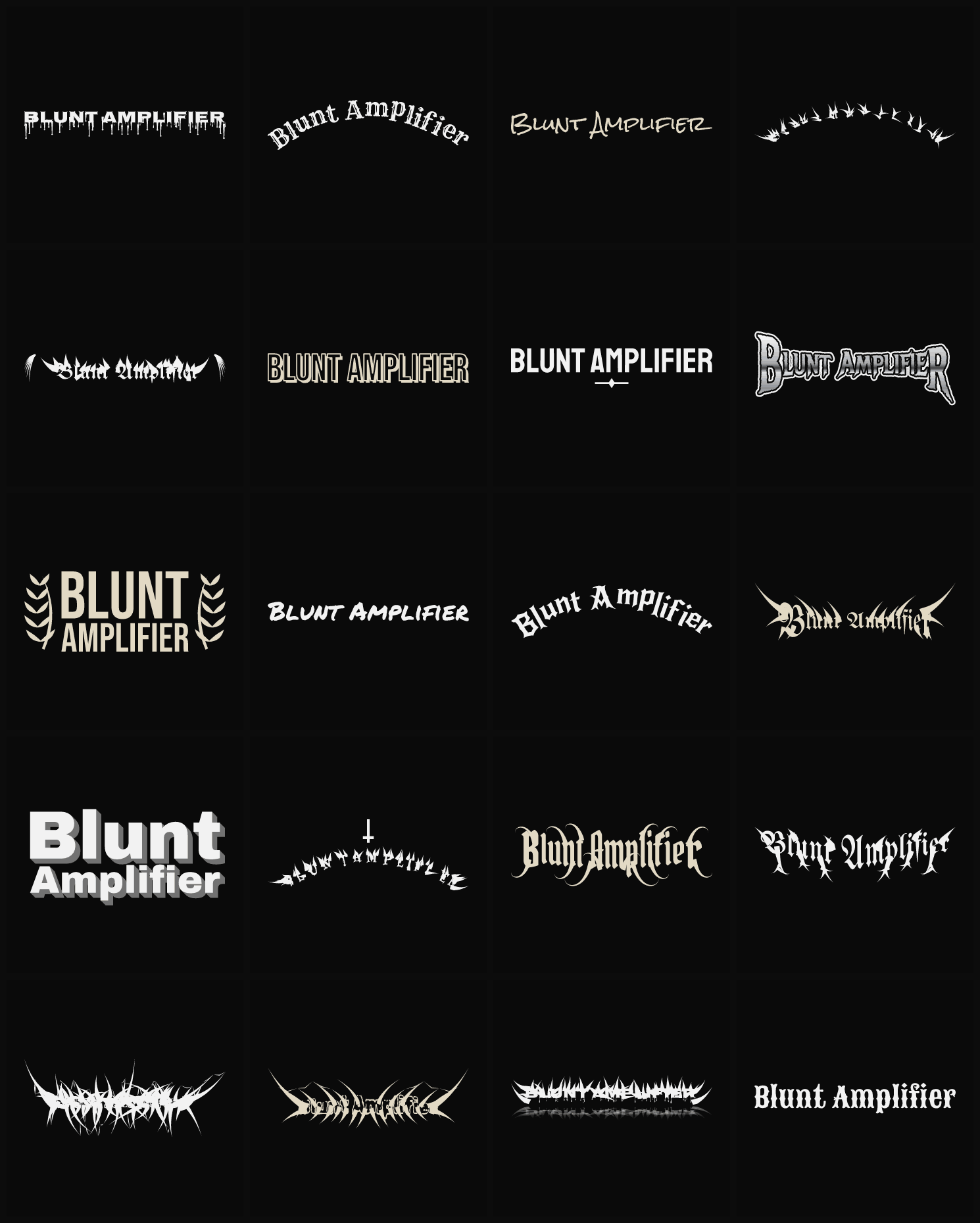 Twenty Blunt Amplifier band logo ideas — different faces, treatments and spike settings