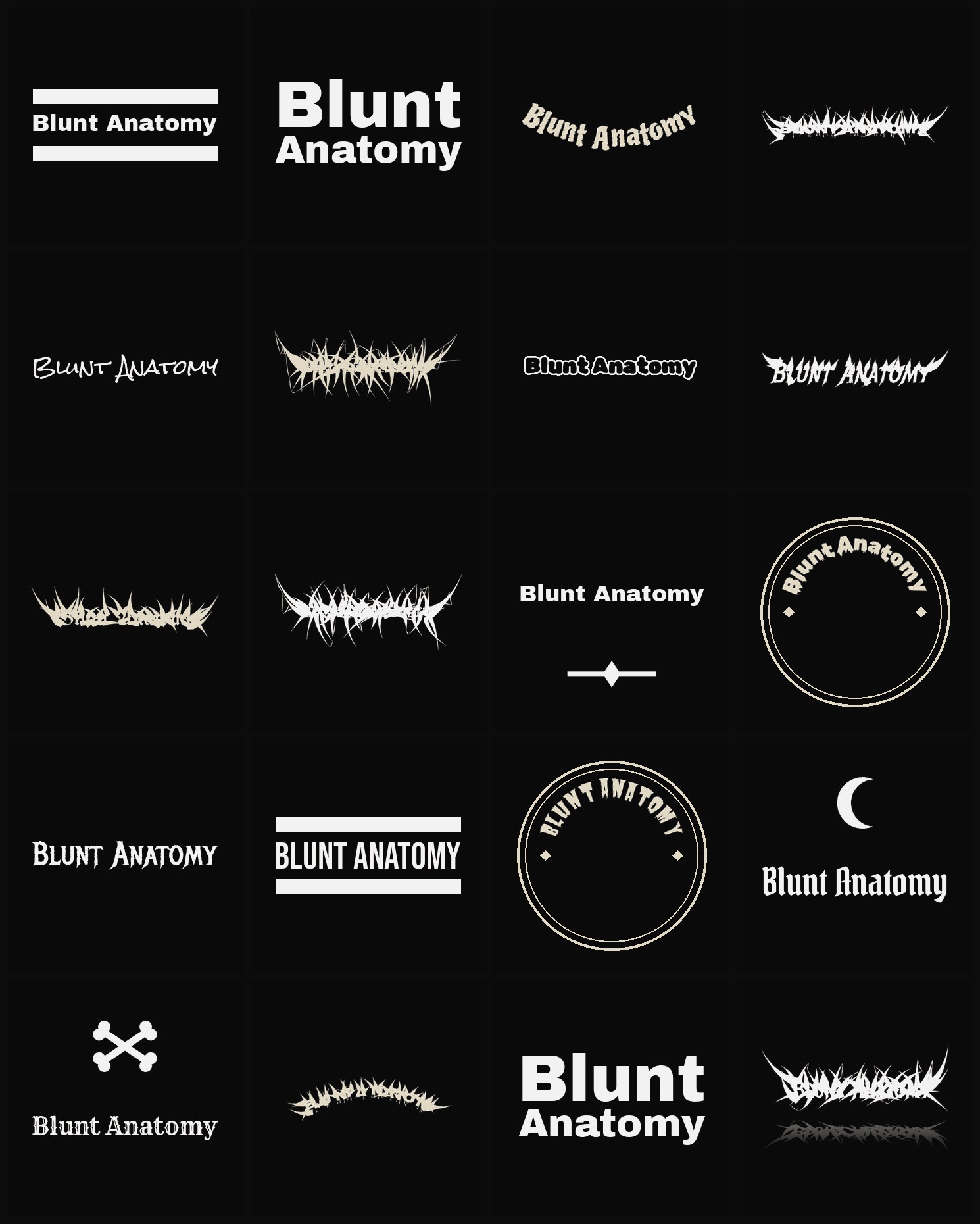 Twenty Blunt Anatomy band logo ideas — different faces, treatments and spike settings