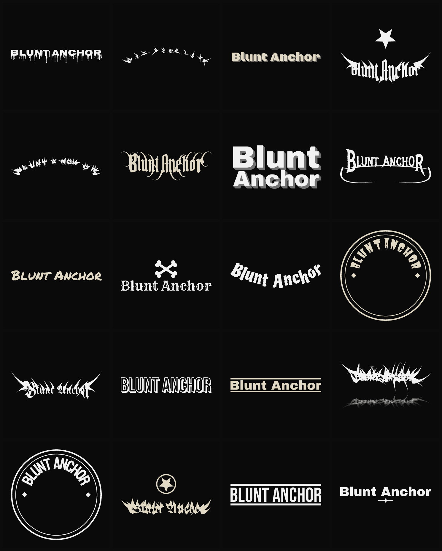 Twenty Blunt Anchor band logo ideas — different faces, treatments and spike settings