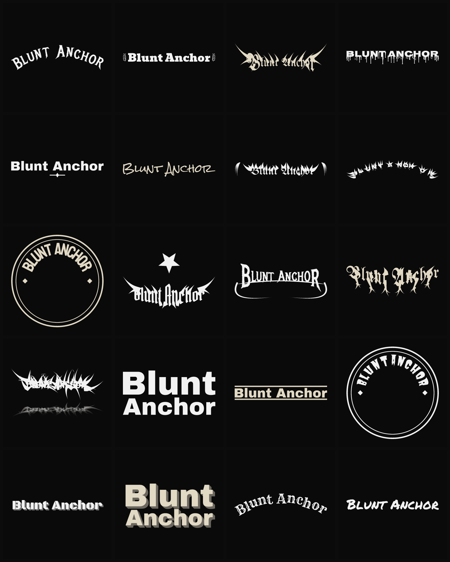 Twenty Blunt Anchor band logo ideas — different faces, treatments and spike settings