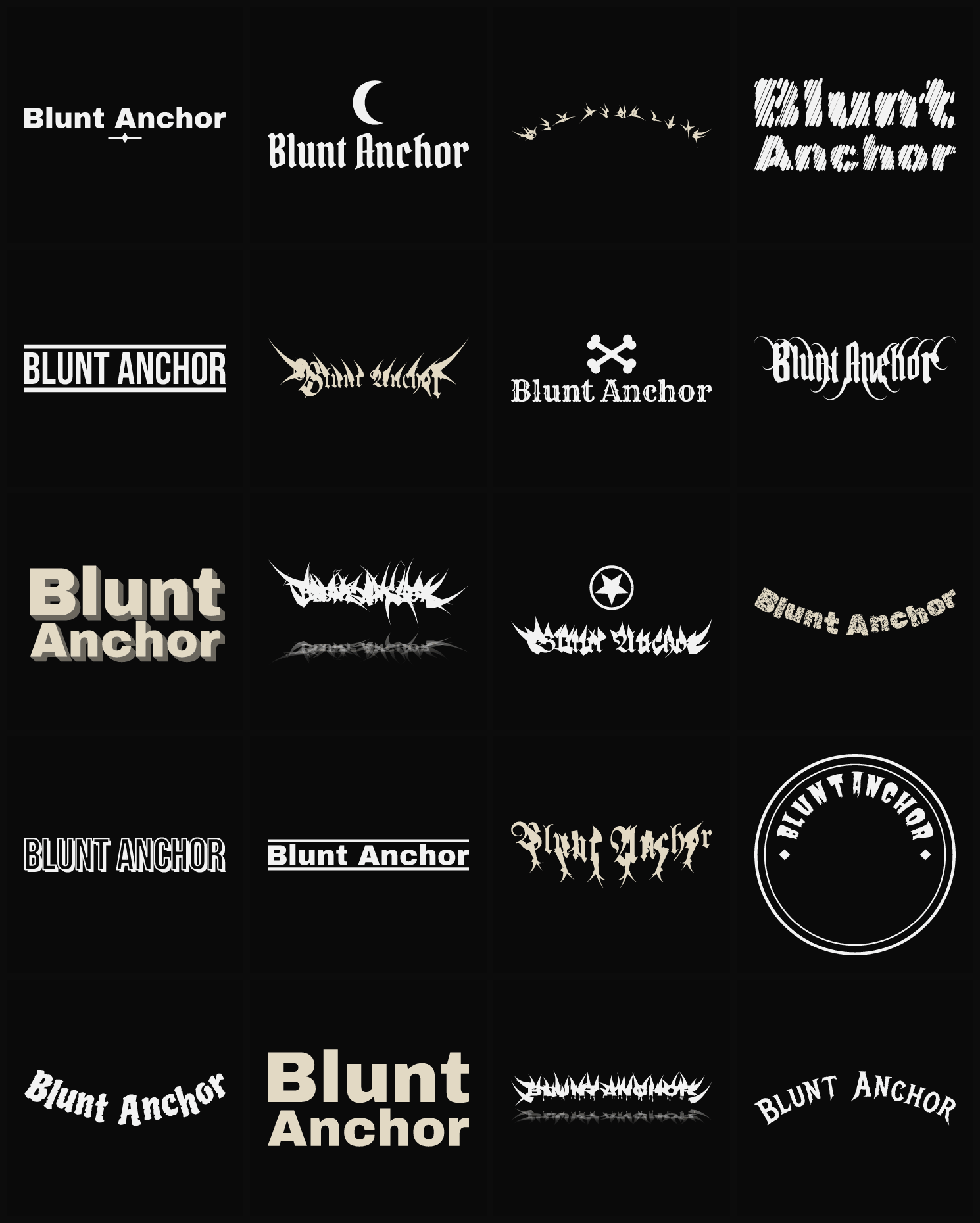Twenty Blunt Anchor band logo ideas — different faces, treatments and spike settings