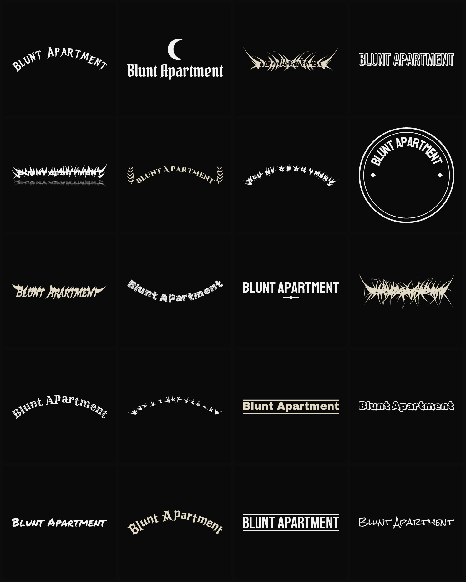 Twenty Blunt Apartment band logo ideas — different faces, treatments and spike settings