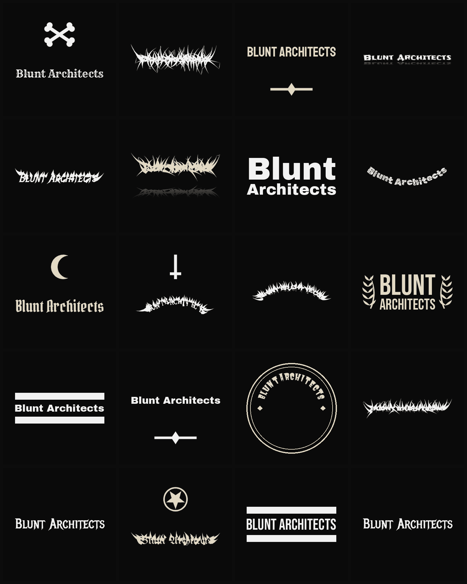 Twenty Blunt Architects band logo ideas — different faces, treatments and spike settings