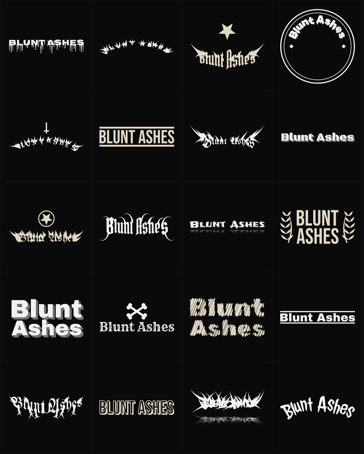 Twenty Blunt Ashes band logo ideas — different faces, treatments and spike settings