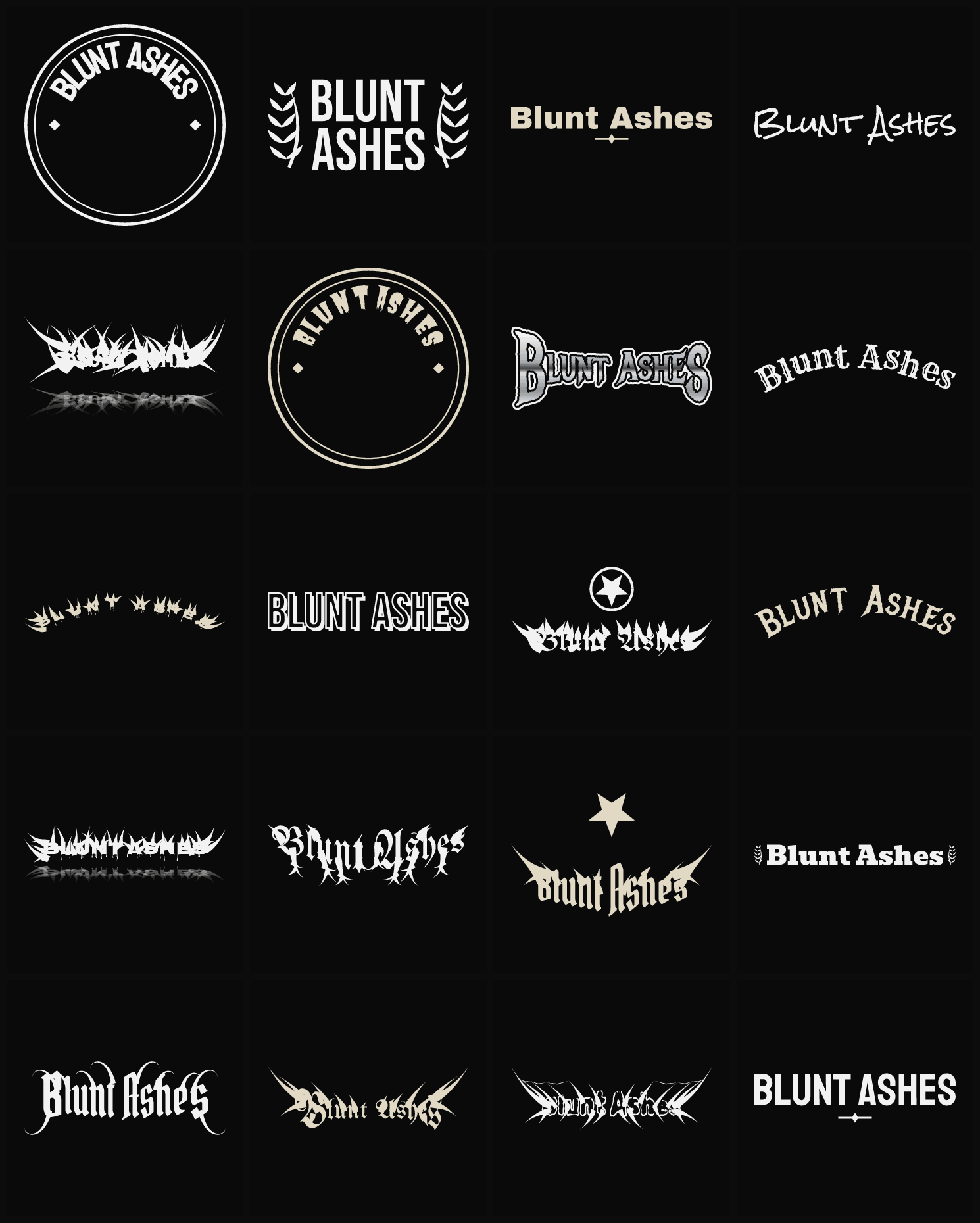 Twenty Blunt Ashes band logo ideas — different faces, treatments and spike settings