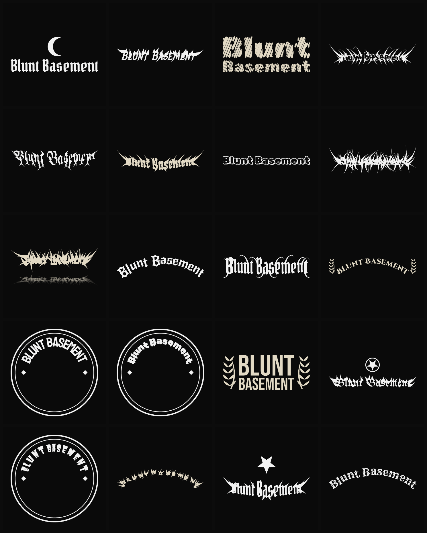 Twenty Blunt Basement band logo ideas — different faces, treatments and spike settings