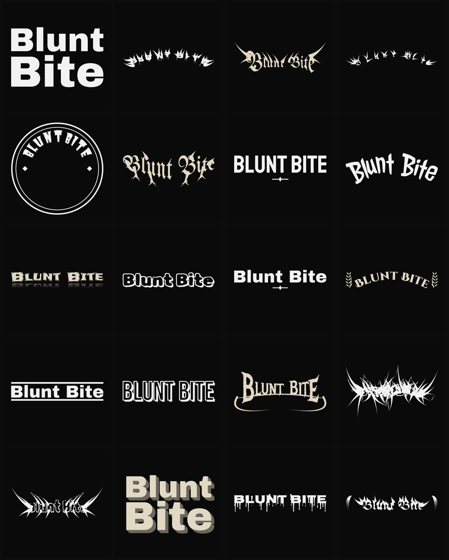 Twenty Blunt Bite band logo ideas — different faces, treatments and spike settings