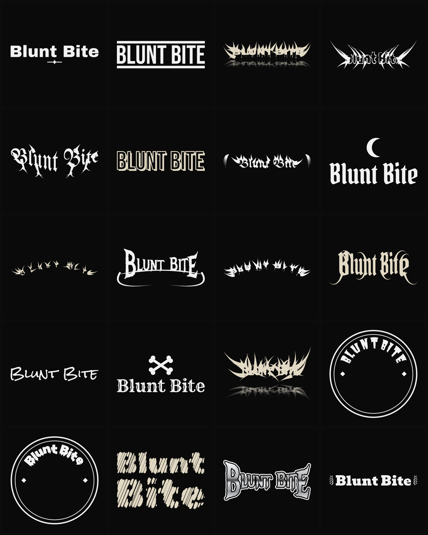 Twenty Blunt Bite band logo ideas — different faces, treatments and spike settings