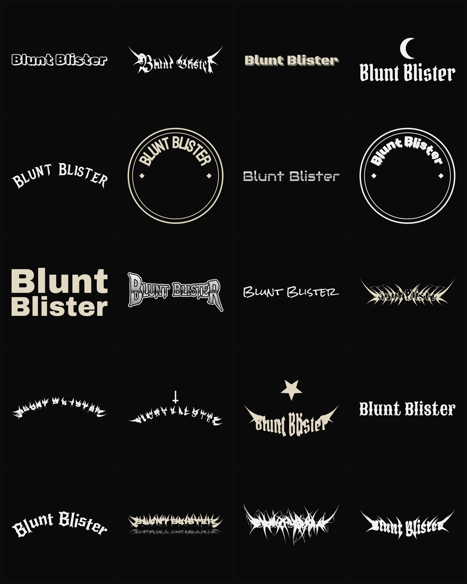 Twenty Blunt Blister band logo ideas — different faces, treatments and spike settings