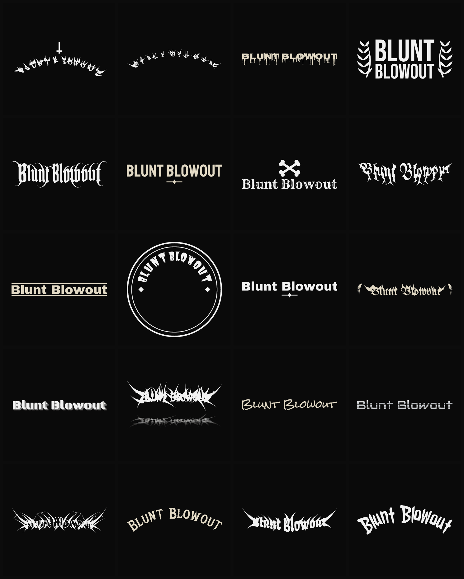 Twenty Blunt Blowout band logo ideas — different faces, treatments and spike settings