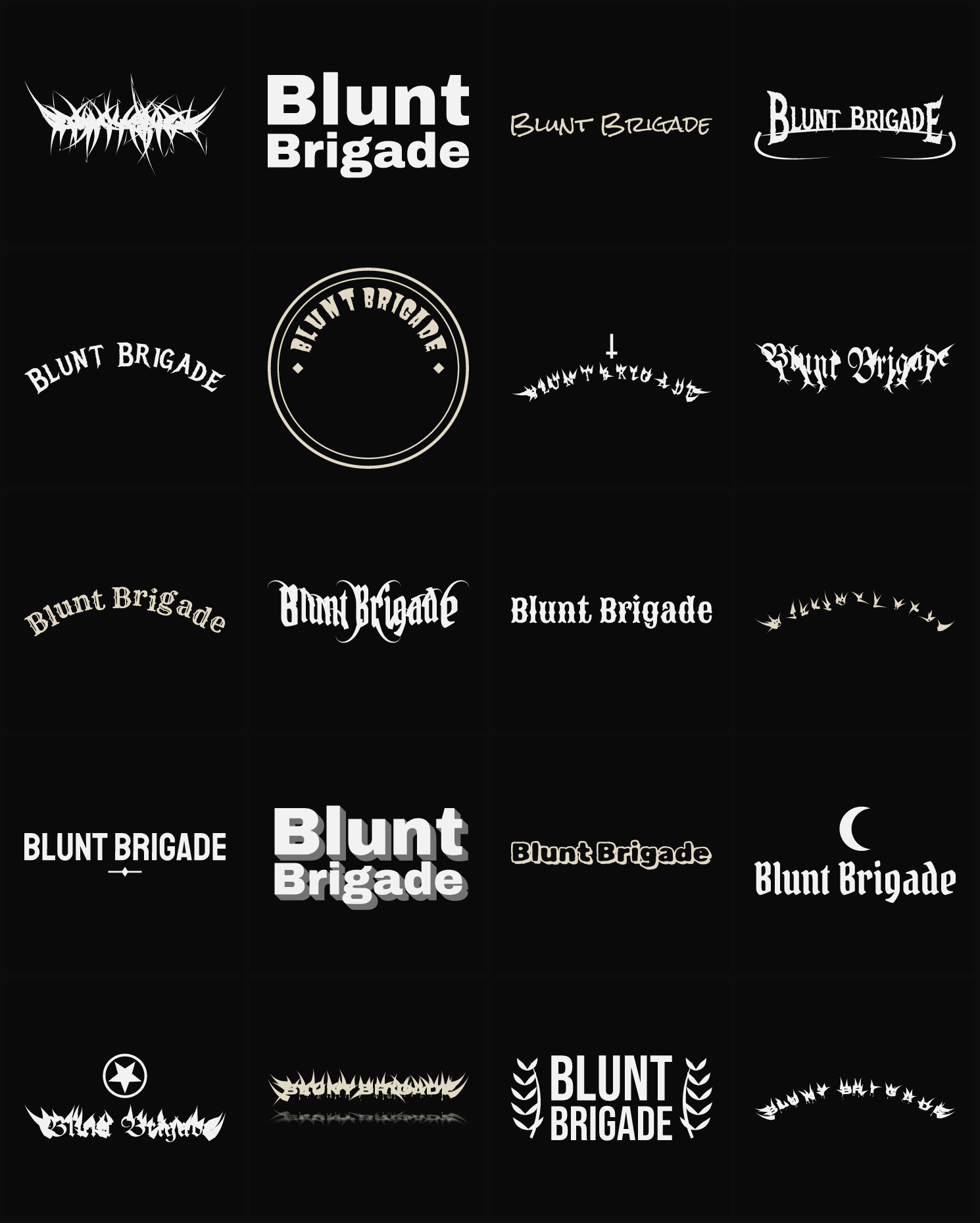 Twenty Blunt Brigade band logo ideas — different faces, treatments and spike settings