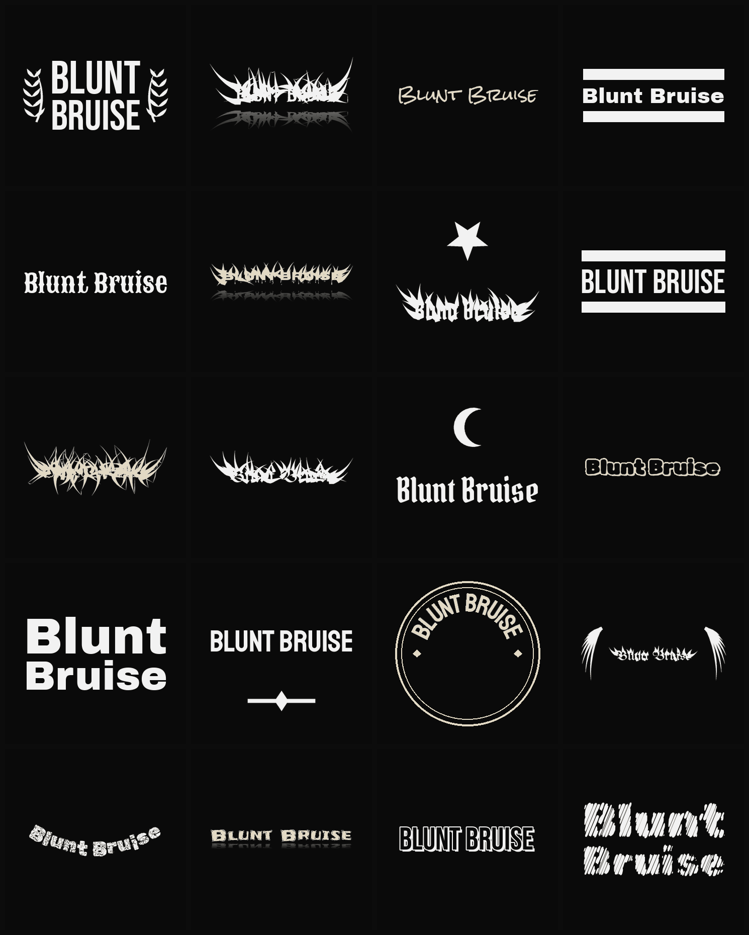 Twenty Blunt Bruise band logo ideas — different faces, treatments and spike settings
