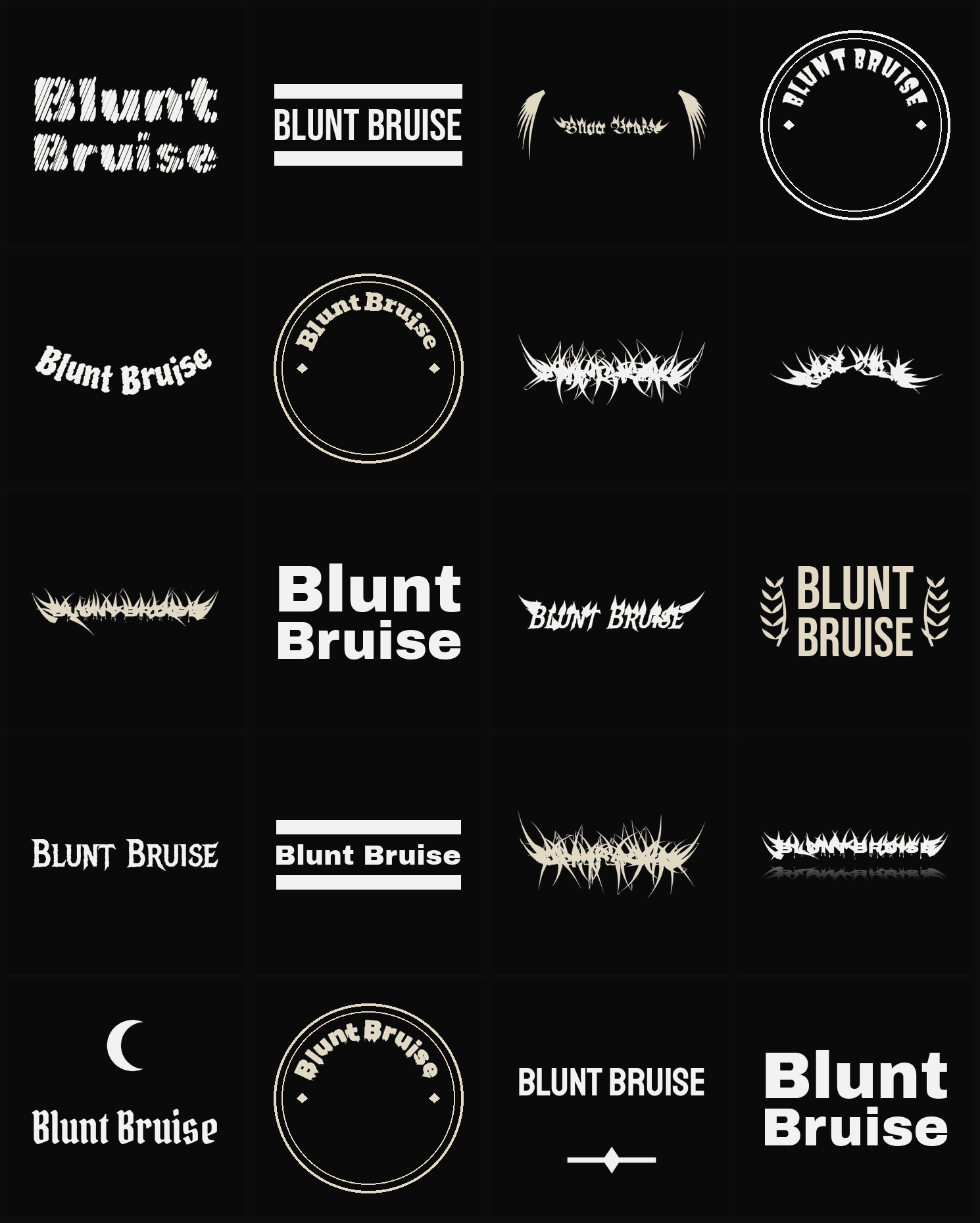 Twenty Blunt Bruise band logo ideas — different faces, treatments and spike settings