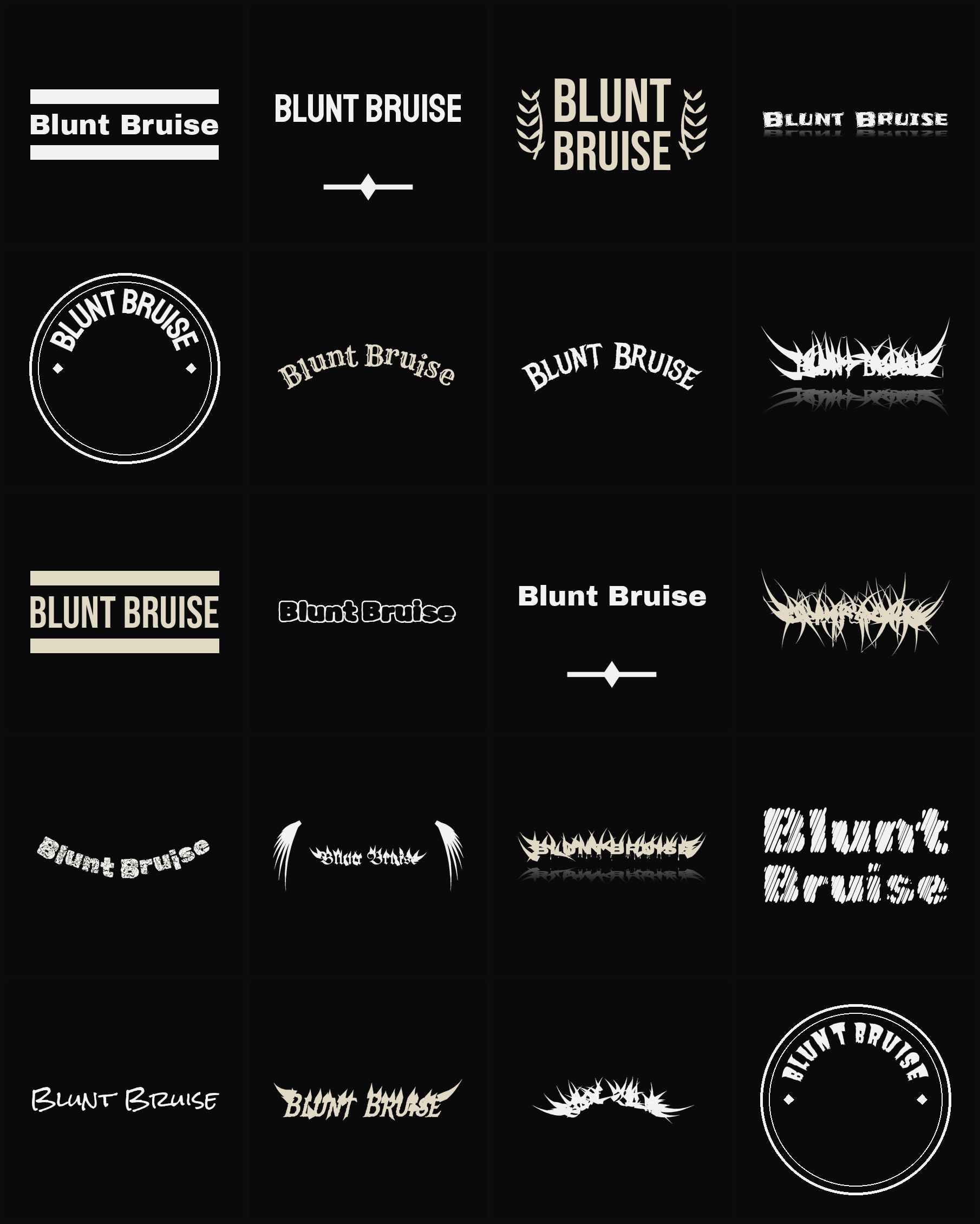 Twenty Blunt Bruise band logo ideas — different faces, treatments and spike settings