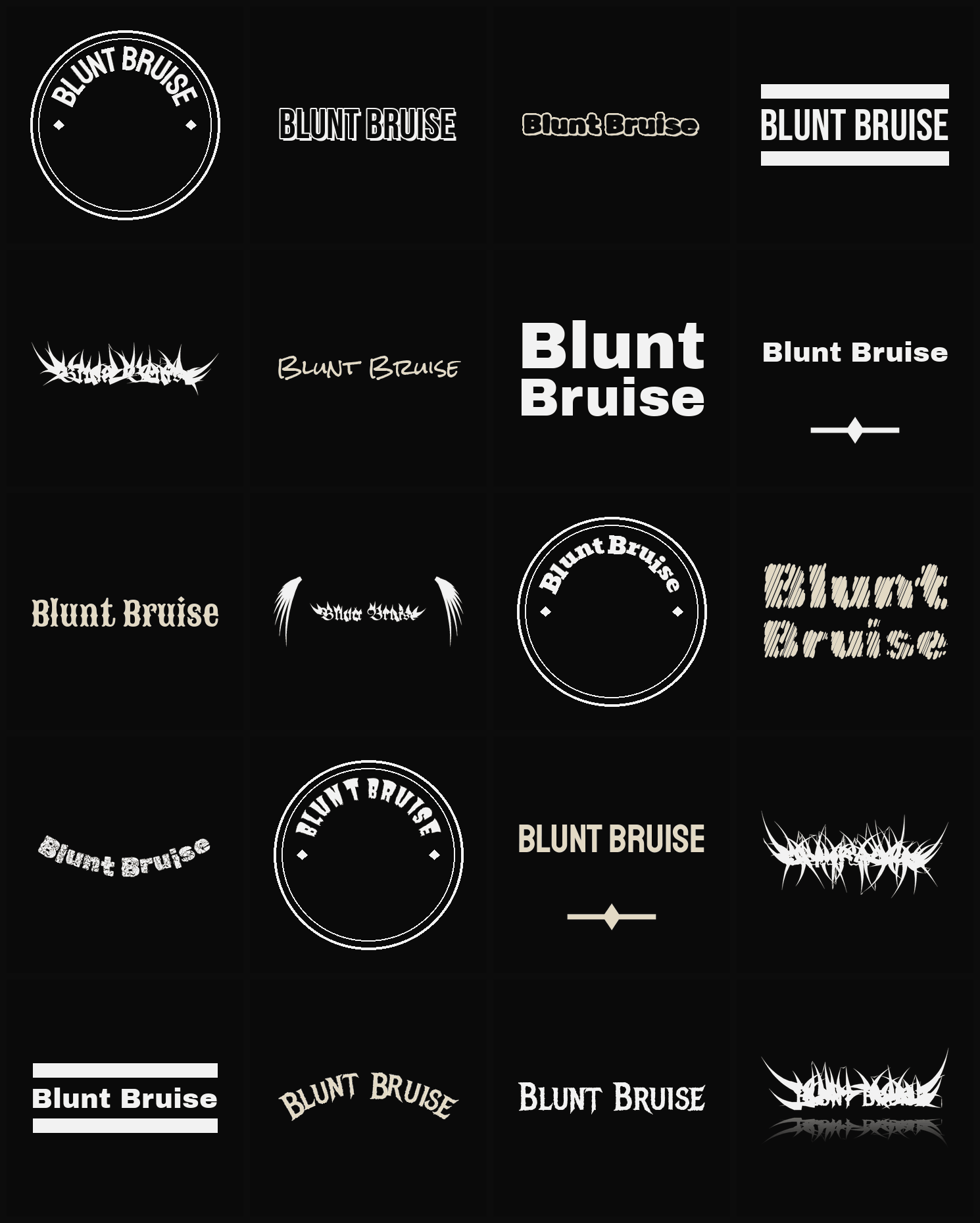 Twenty Blunt Bruise band logo ideas — different faces, treatments and spike settings