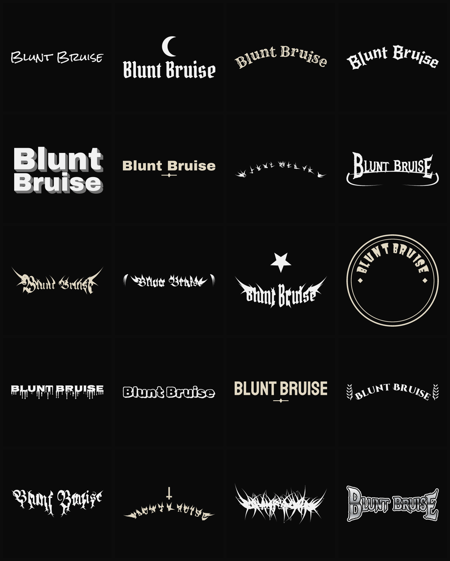Twenty Blunt Bruise band logo ideas — different faces, treatments and spike settings