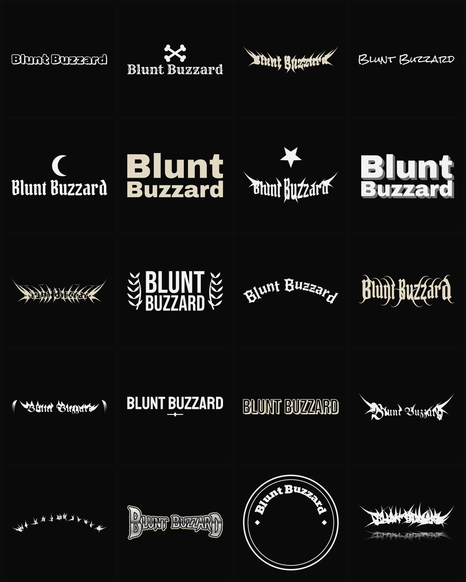 Twenty Blunt Buzzard band logo ideas — different faces, treatments and spike settings