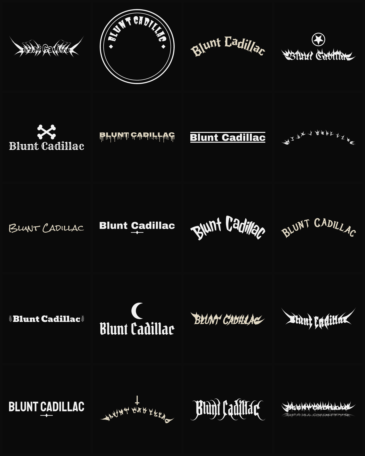 Twenty Blunt Cadillac band logo ideas — different faces, treatments and spike settings