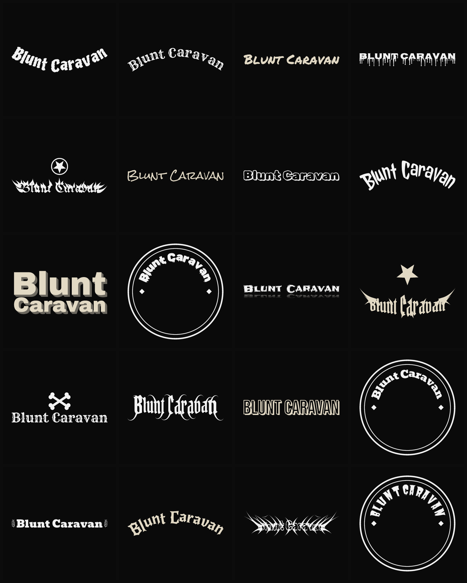 Twenty Blunt Caravan band logo ideas — different faces, treatments and spike settings
