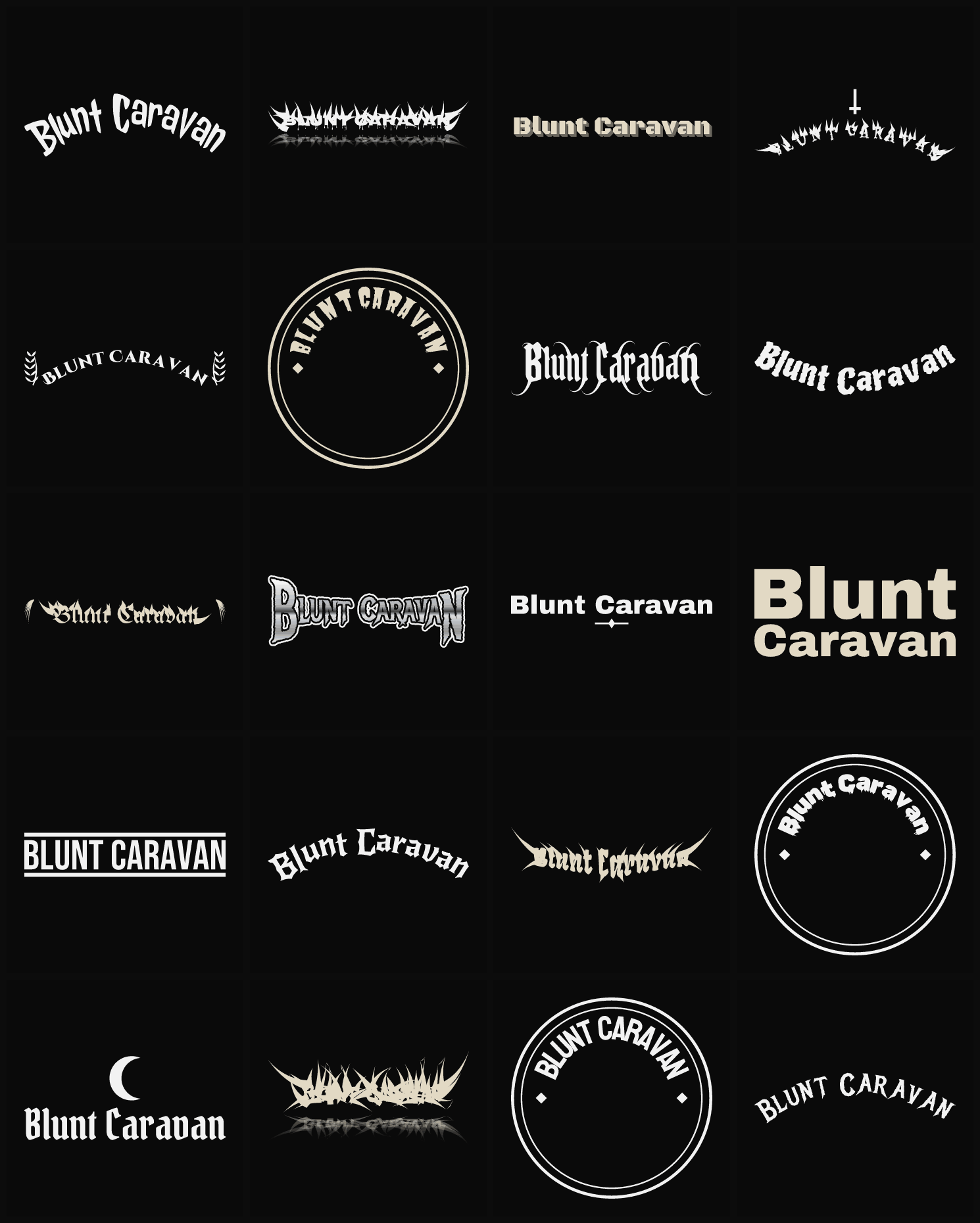 Twenty Blunt Caravan band logo ideas — different faces, treatments and spike settings