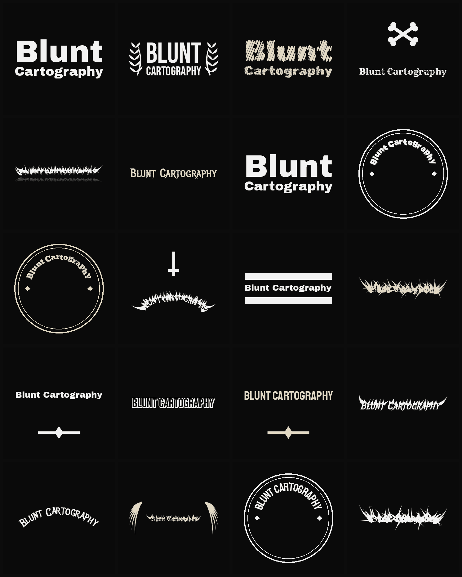Twenty Blunt Cartography band logo ideas — different faces, treatments and spike settings