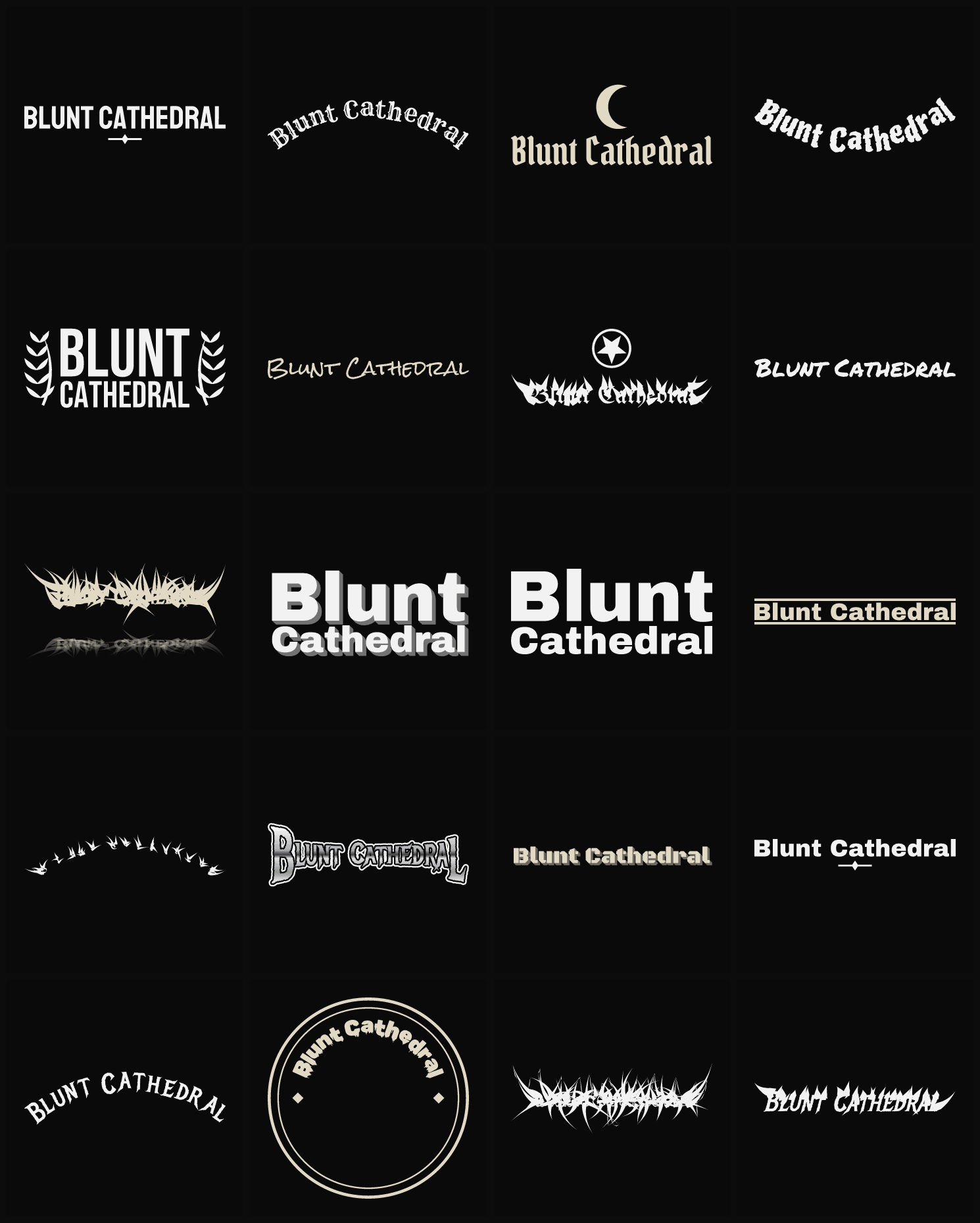 Twenty Blunt Cathedral band logo ideas — different faces, treatments and spike settings