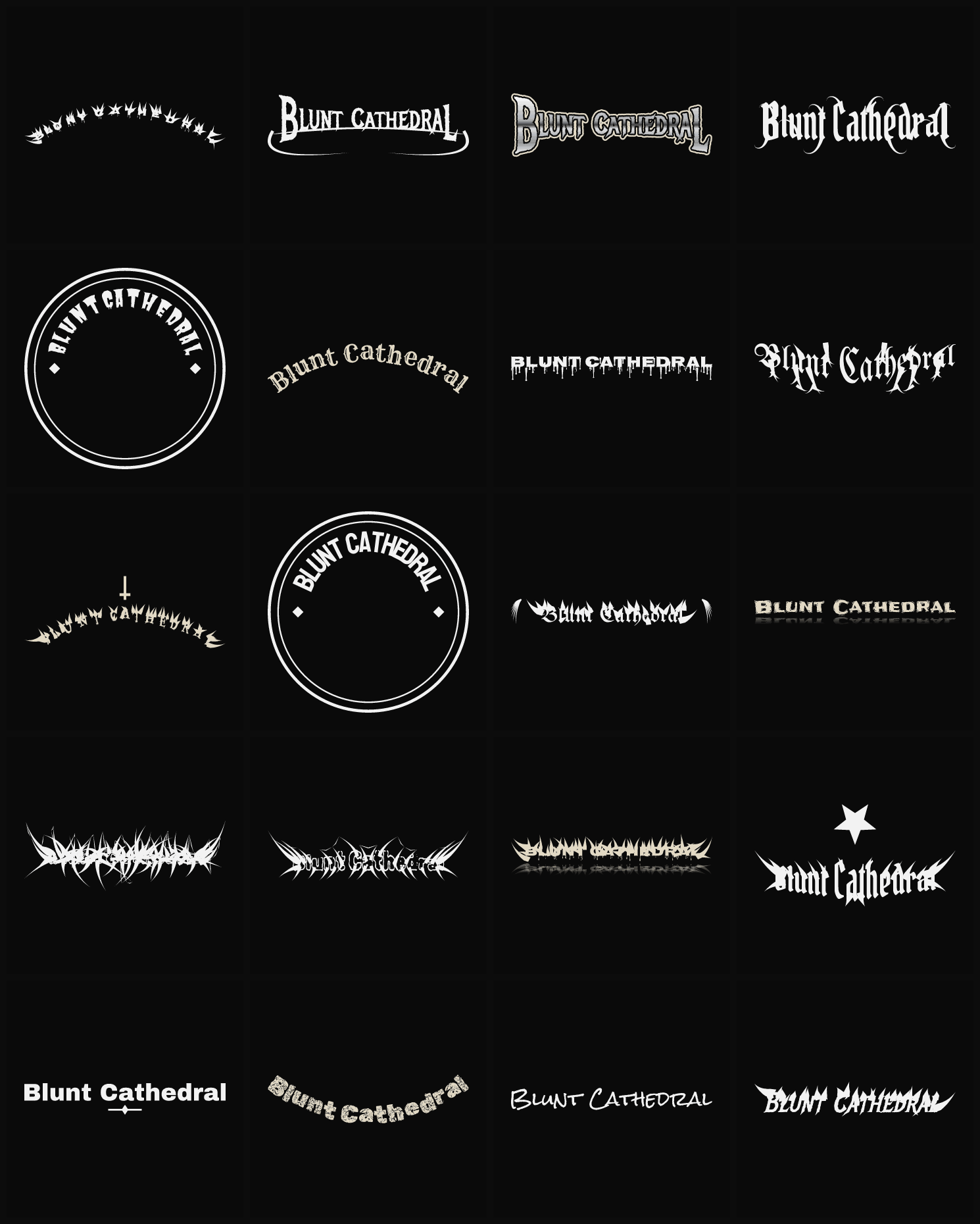 Twenty Blunt Cathedral band logo ideas — different faces, treatments and spike settings