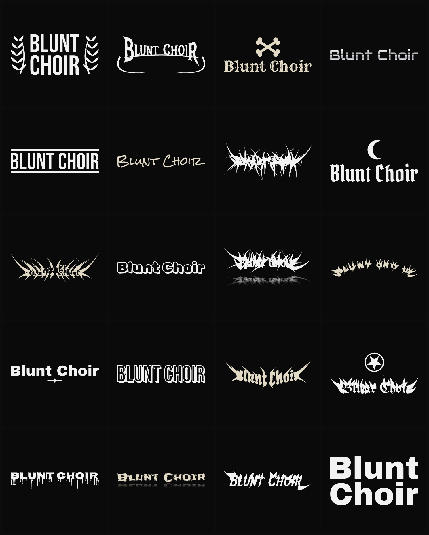 Twenty Blunt Choir band logo ideas — different faces, treatments and spike settings