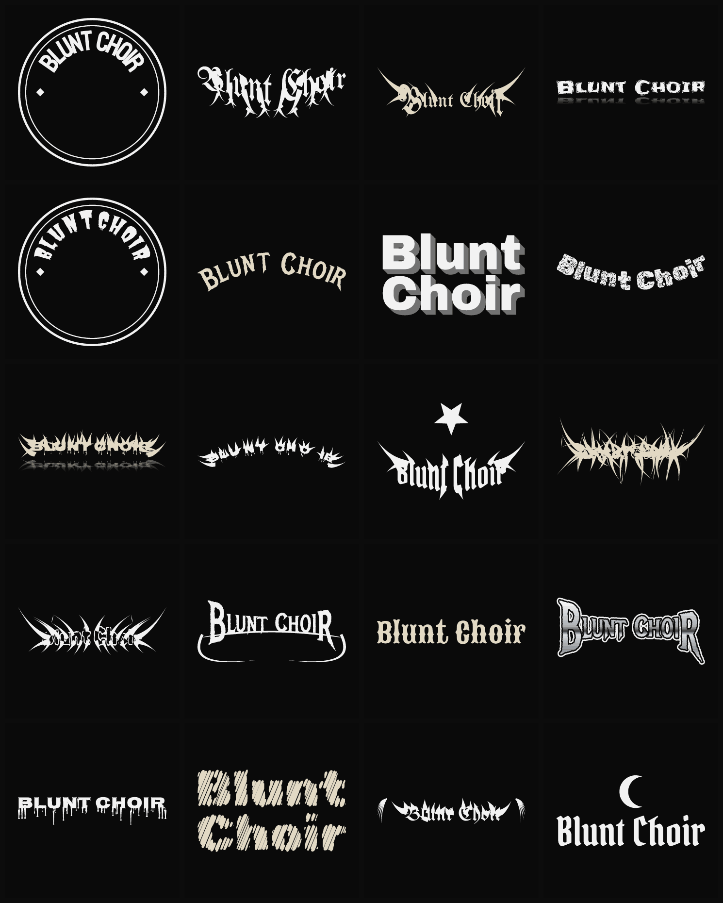 Twenty Blunt Choir band logo ideas — different faces, treatments and spike settings