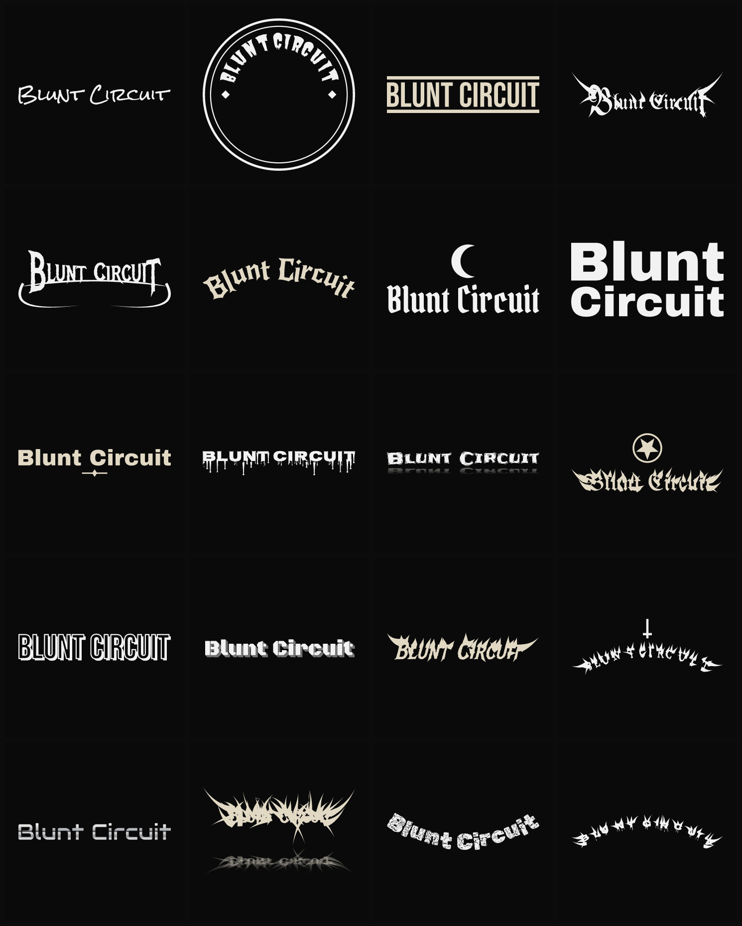 Twenty Blunt Circuit band logo ideas — different faces, treatments and spike settings