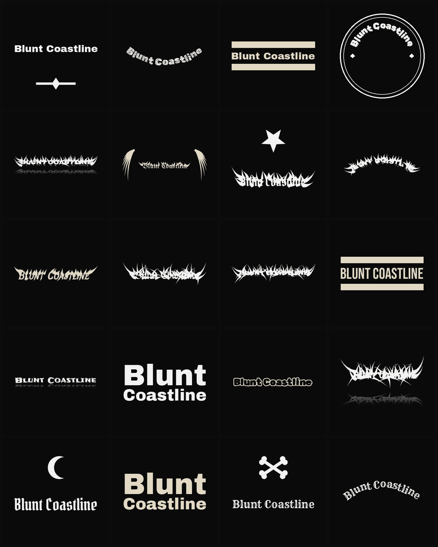 Twenty Blunt Coastline band logo ideas — different faces, treatments and spike settings