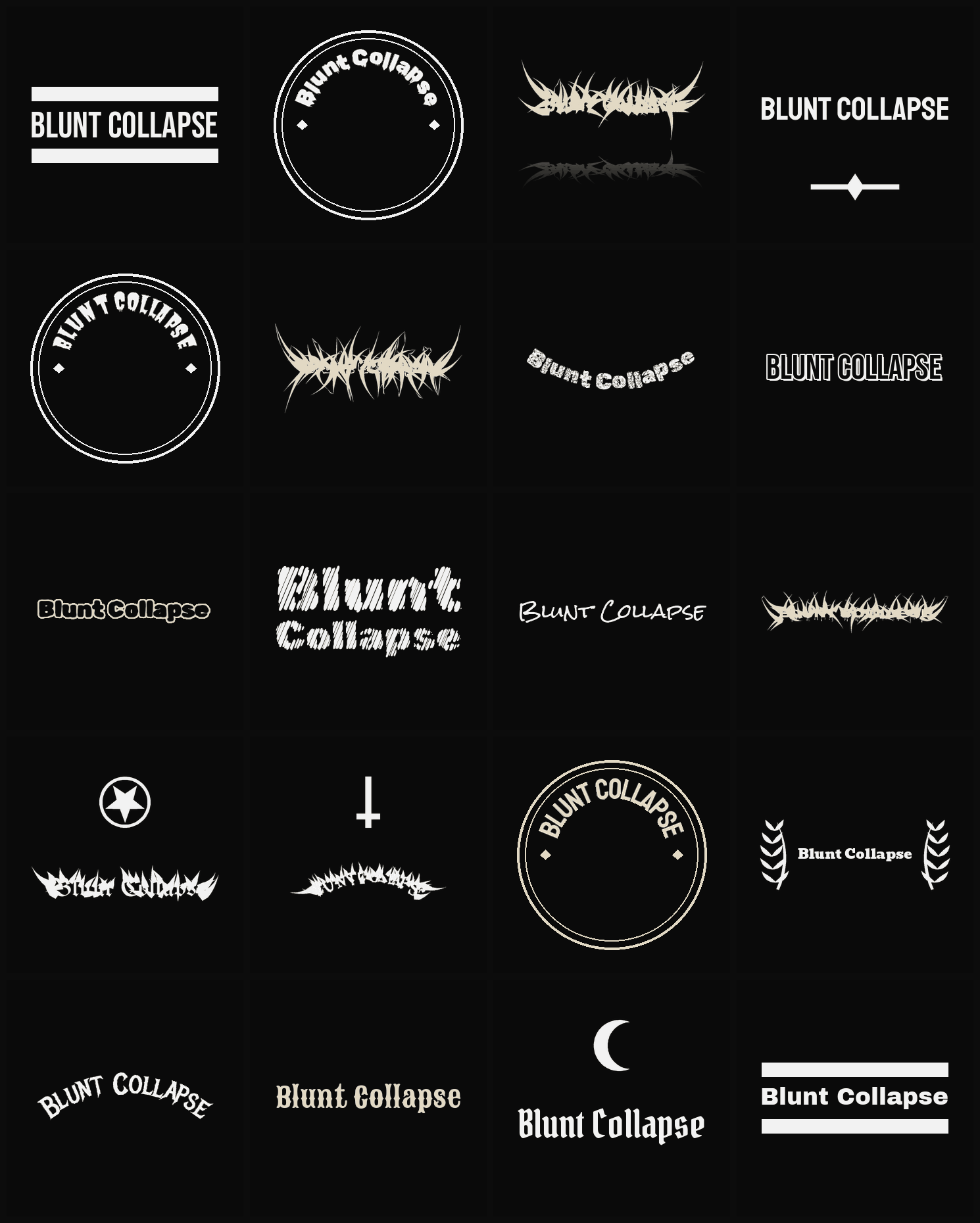 Twenty Blunt Collapse band logo ideas — different faces, treatments and spike settings