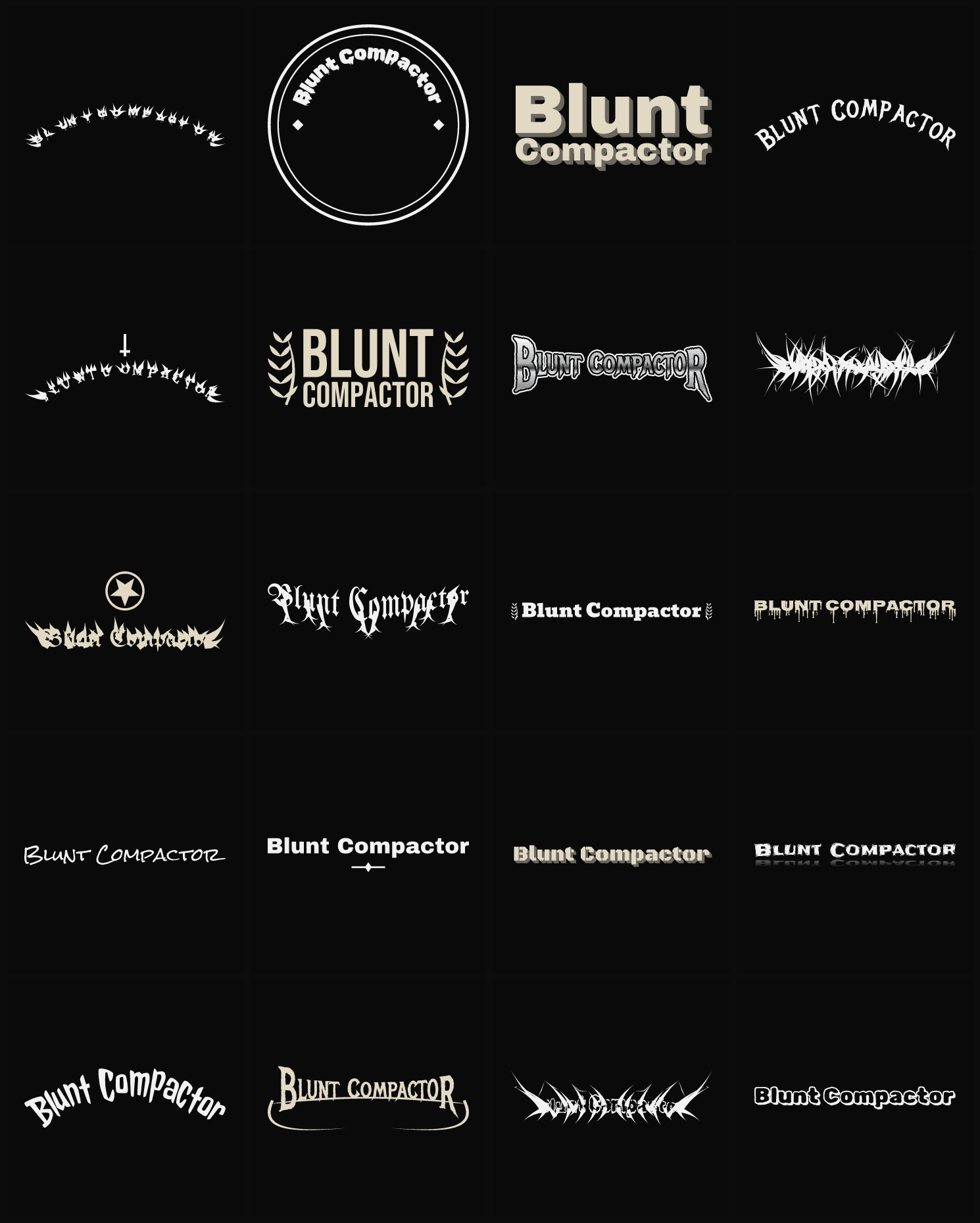 Twenty Blunt Compactor band logo ideas — different faces, treatments and spike settings
