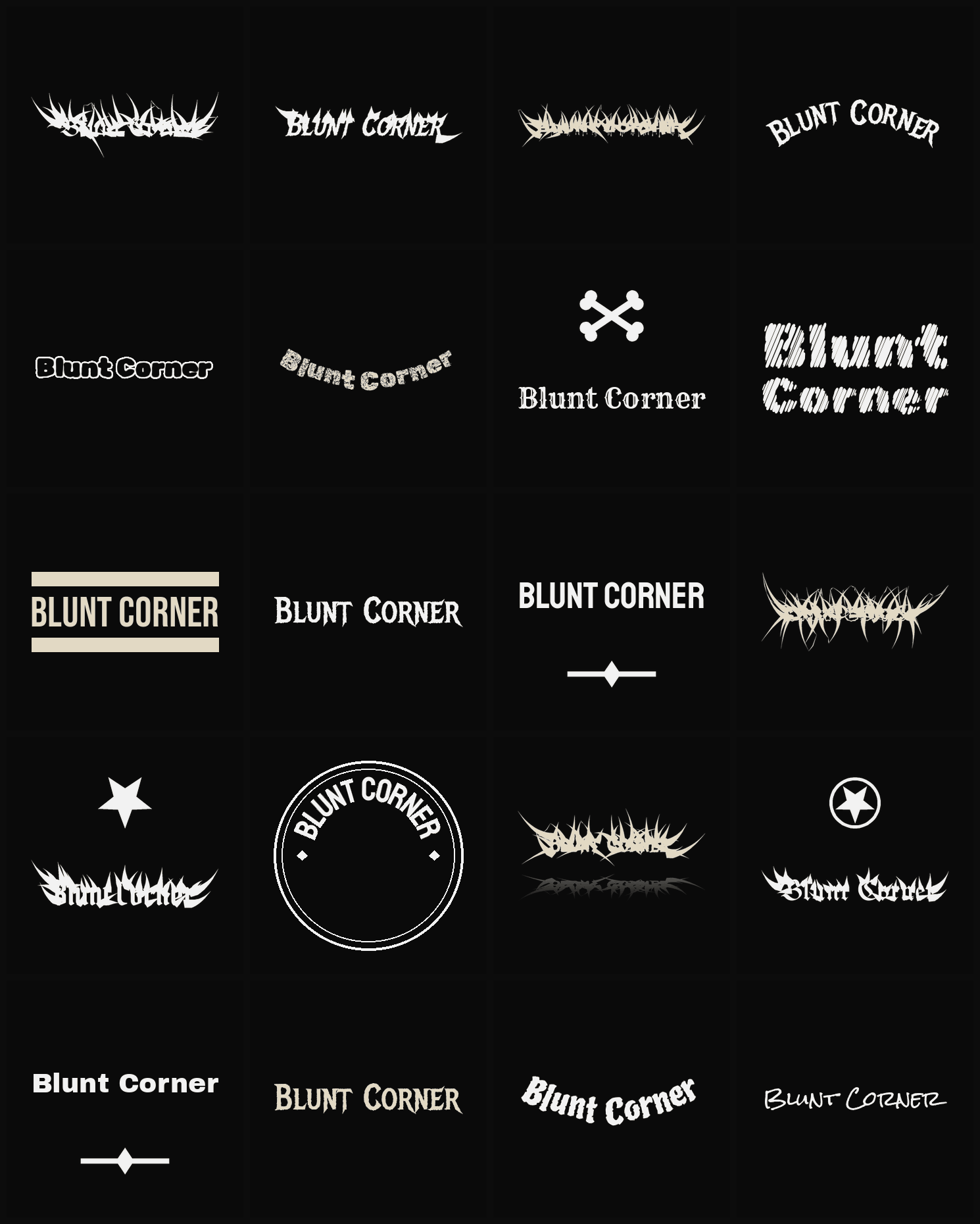 Twenty Blunt Corner band logo ideas — different faces, treatments and spike settings