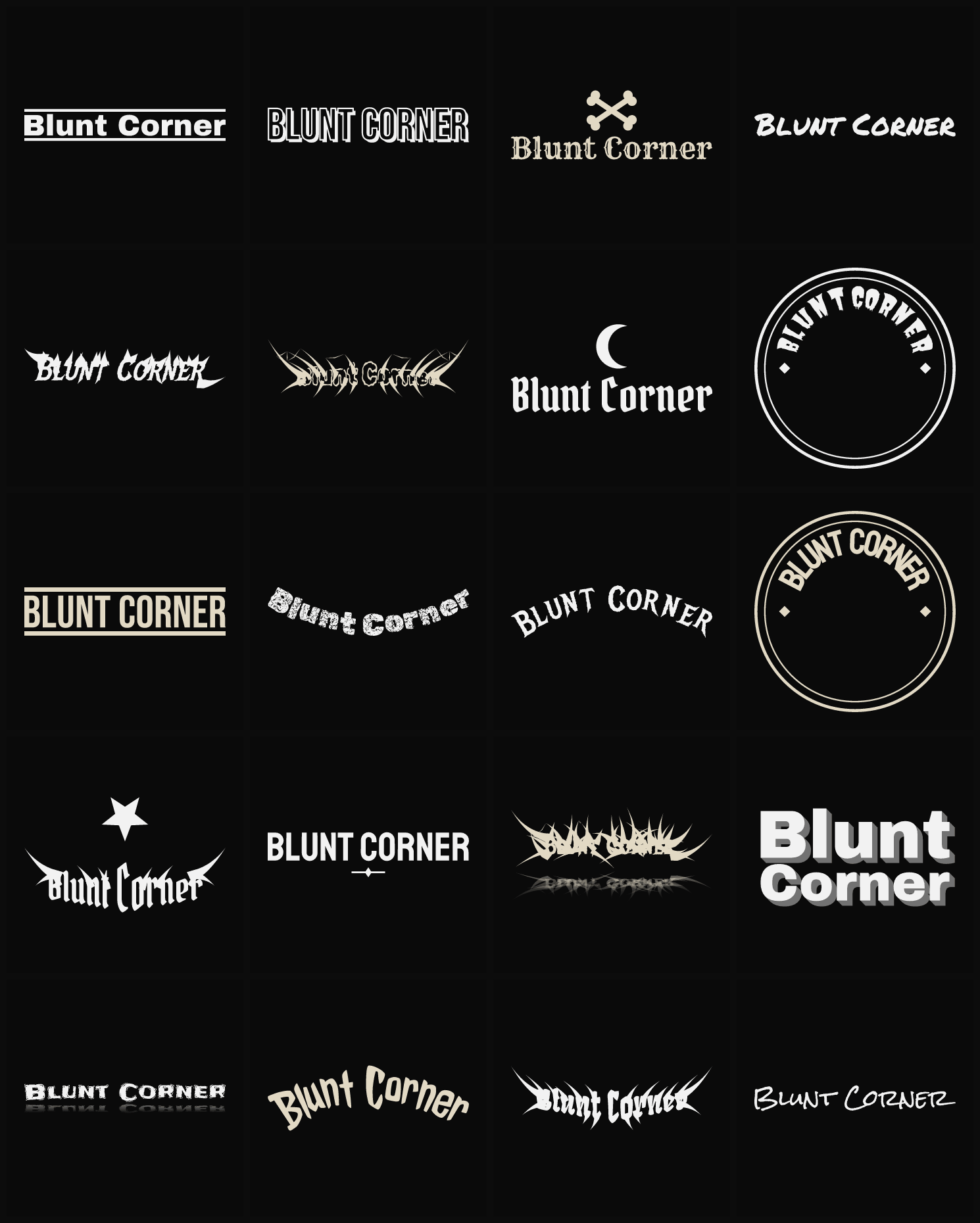 Twenty Blunt Corner band logo ideas — different faces, treatments and spike settings