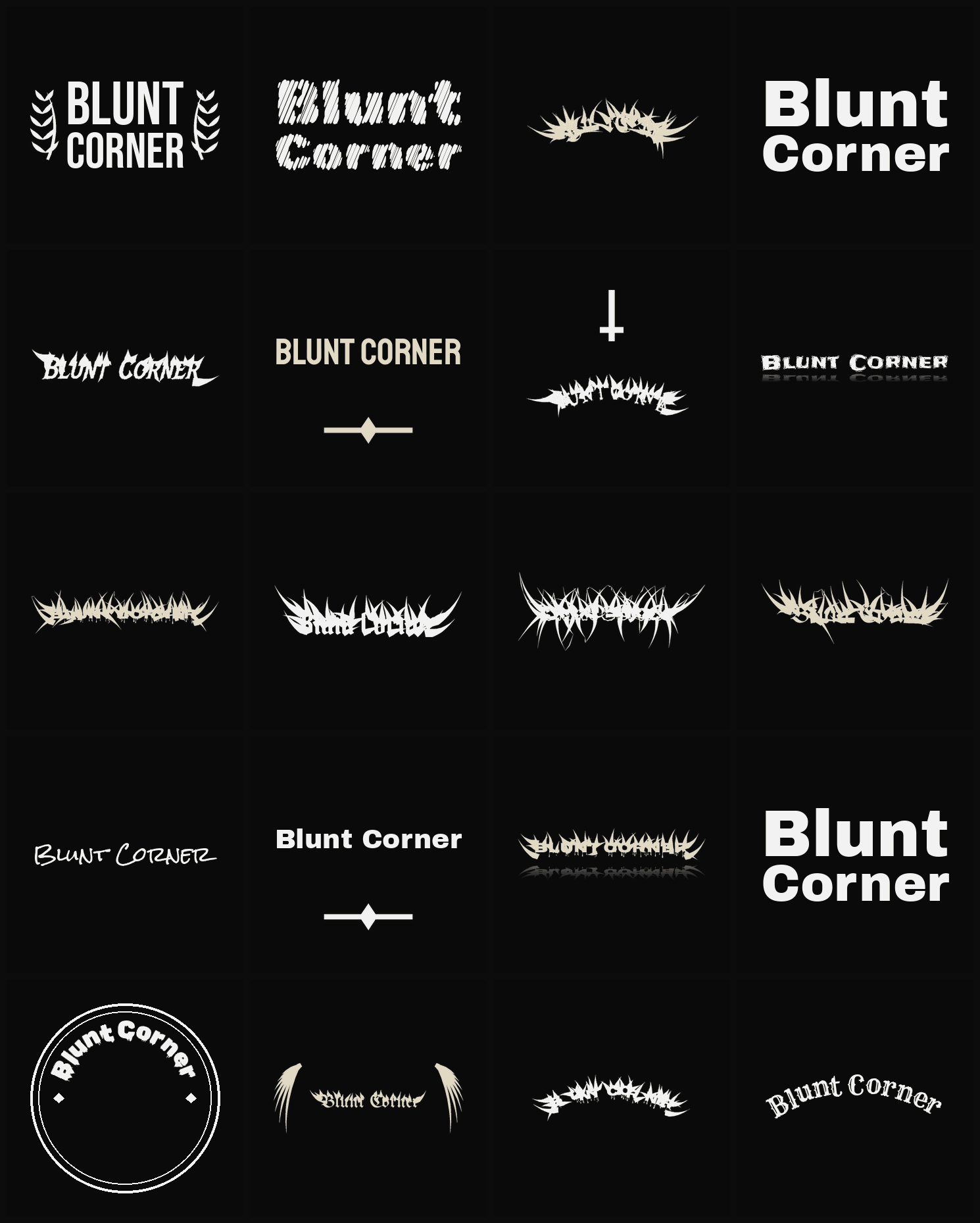Twenty Blunt Corner band logo ideas — different faces, treatments and spike settings