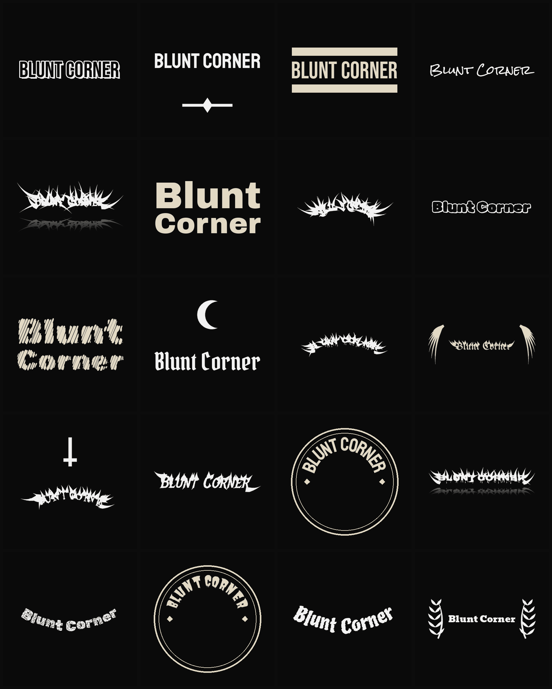 Twenty Blunt Corner band logo ideas — different faces, treatments and spike settings