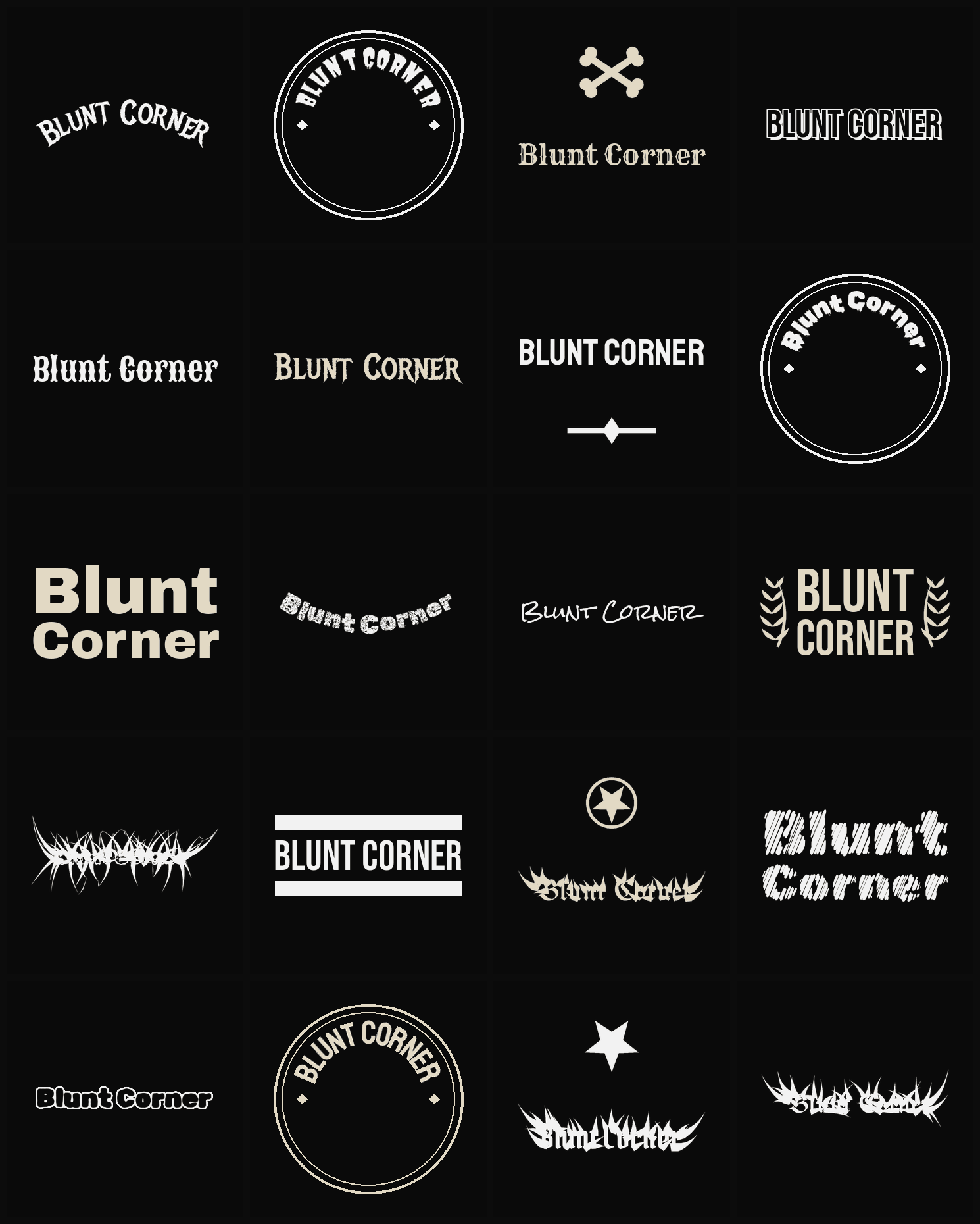 Twenty Blunt Corner band logo ideas — different faces, treatments and spike settings