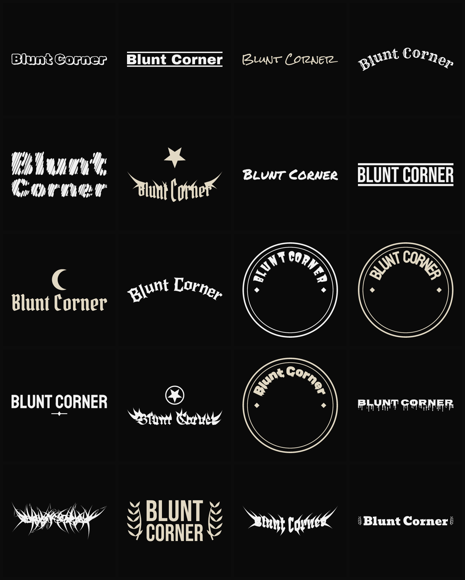 Twenty Blunt Corner band logo ideas — different faces, treatments and spike settings