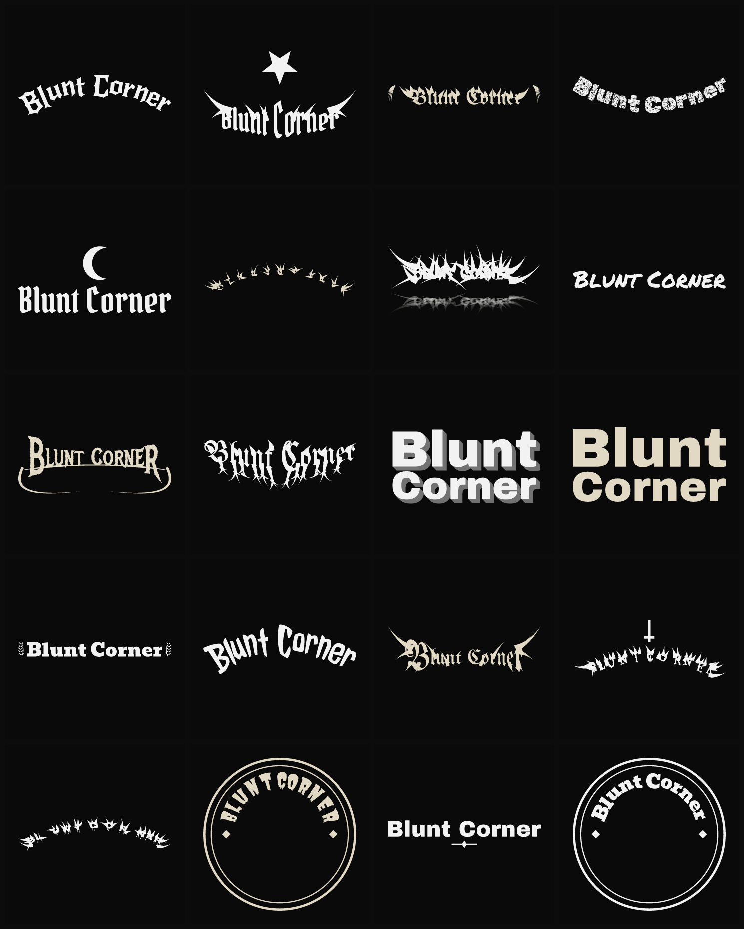 Twenty Blunt Corner band logo ideas — different faces, treatments and spike settings