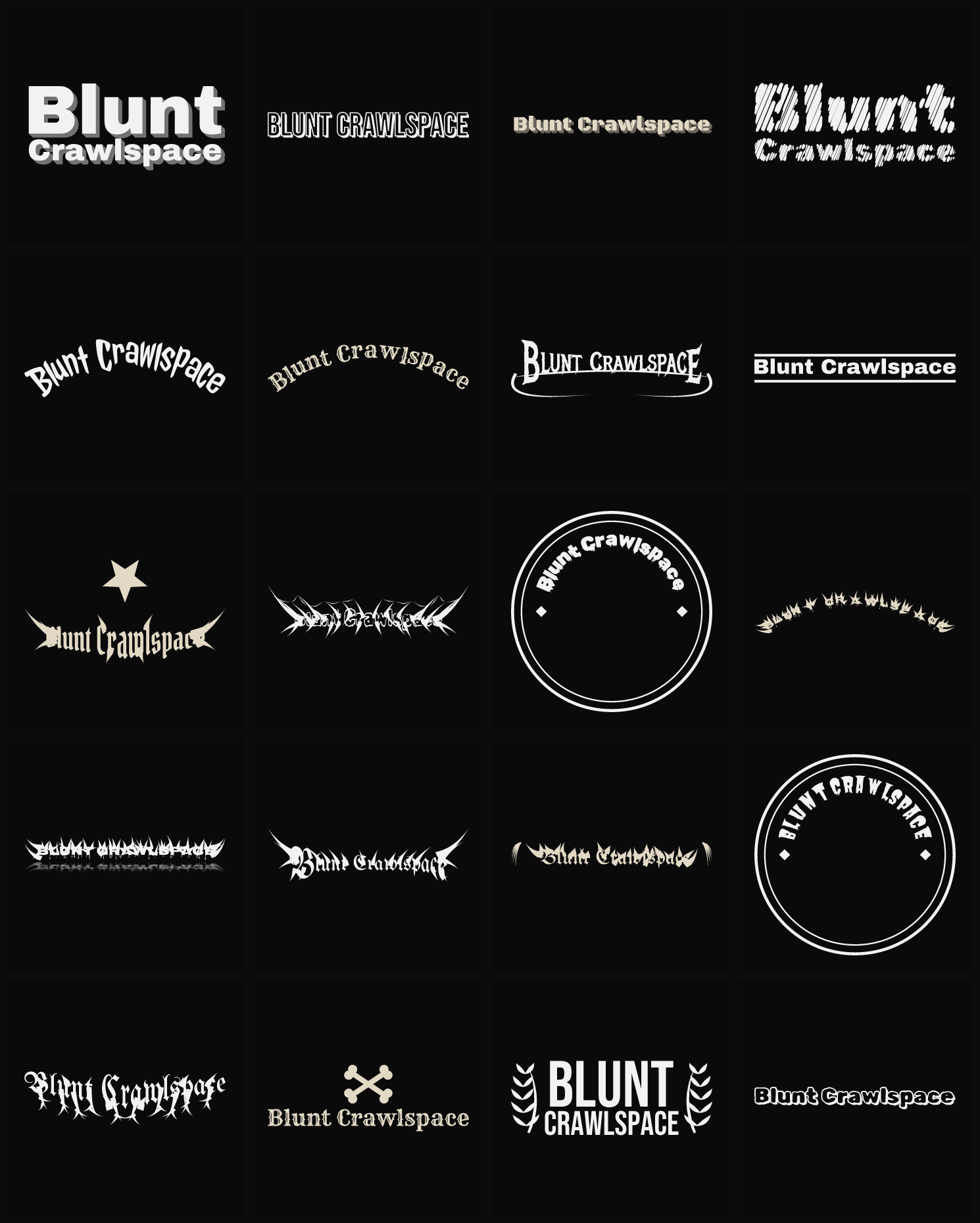 Twenty Blunt Crawlspace band logo ideas — different faces, treatments and spike settings