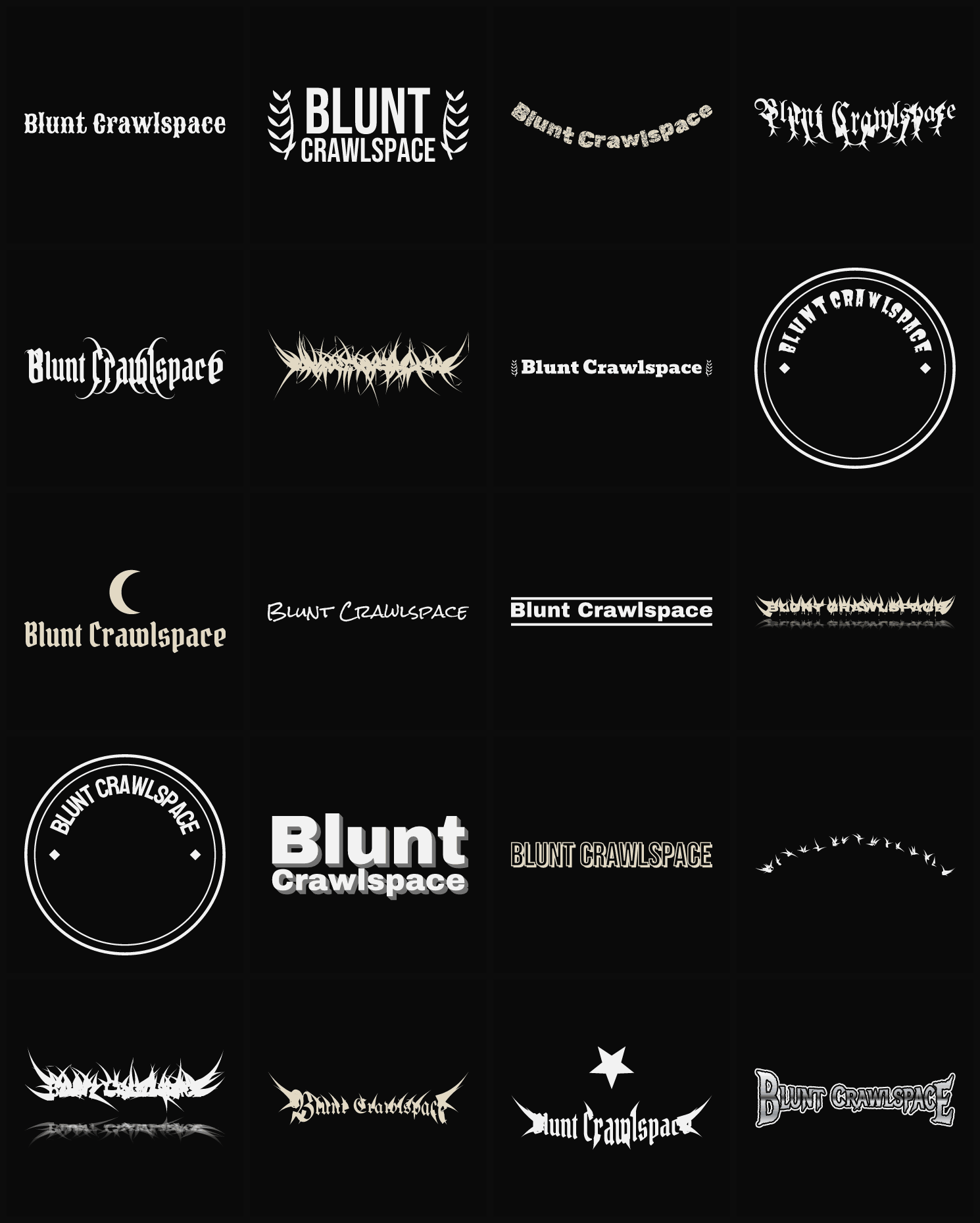 Twenty Blunt Crawlspace band logo ideas — different faces, treatments and spike settings