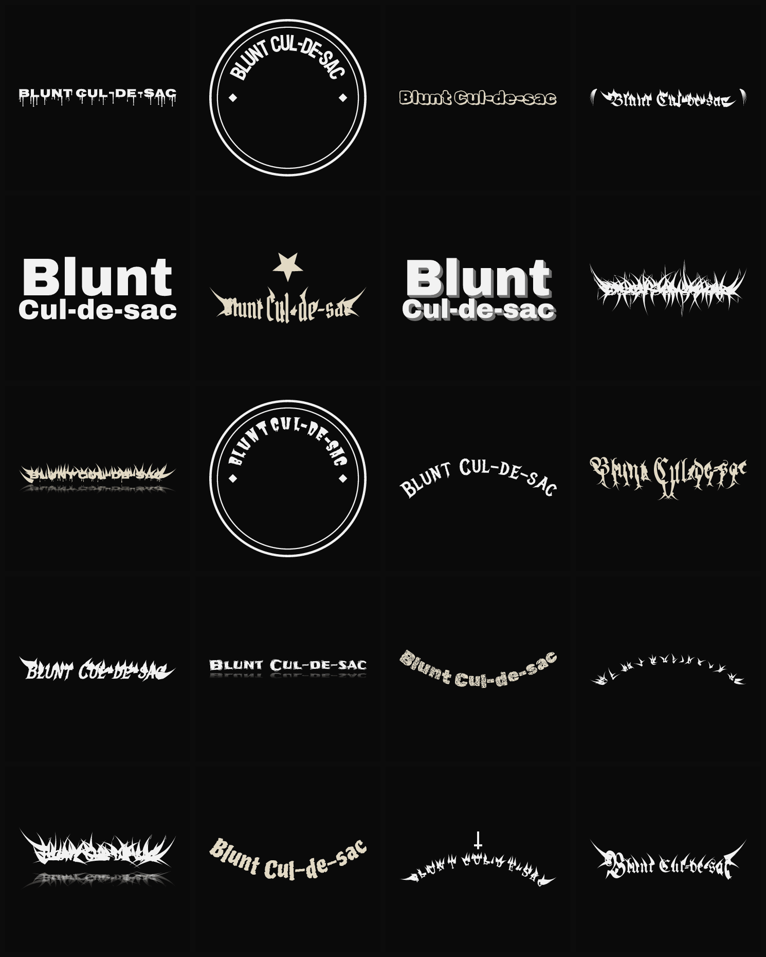 Twenty Blunt Cul-de-sac band logo ideas — different faces, treatments and spike settings