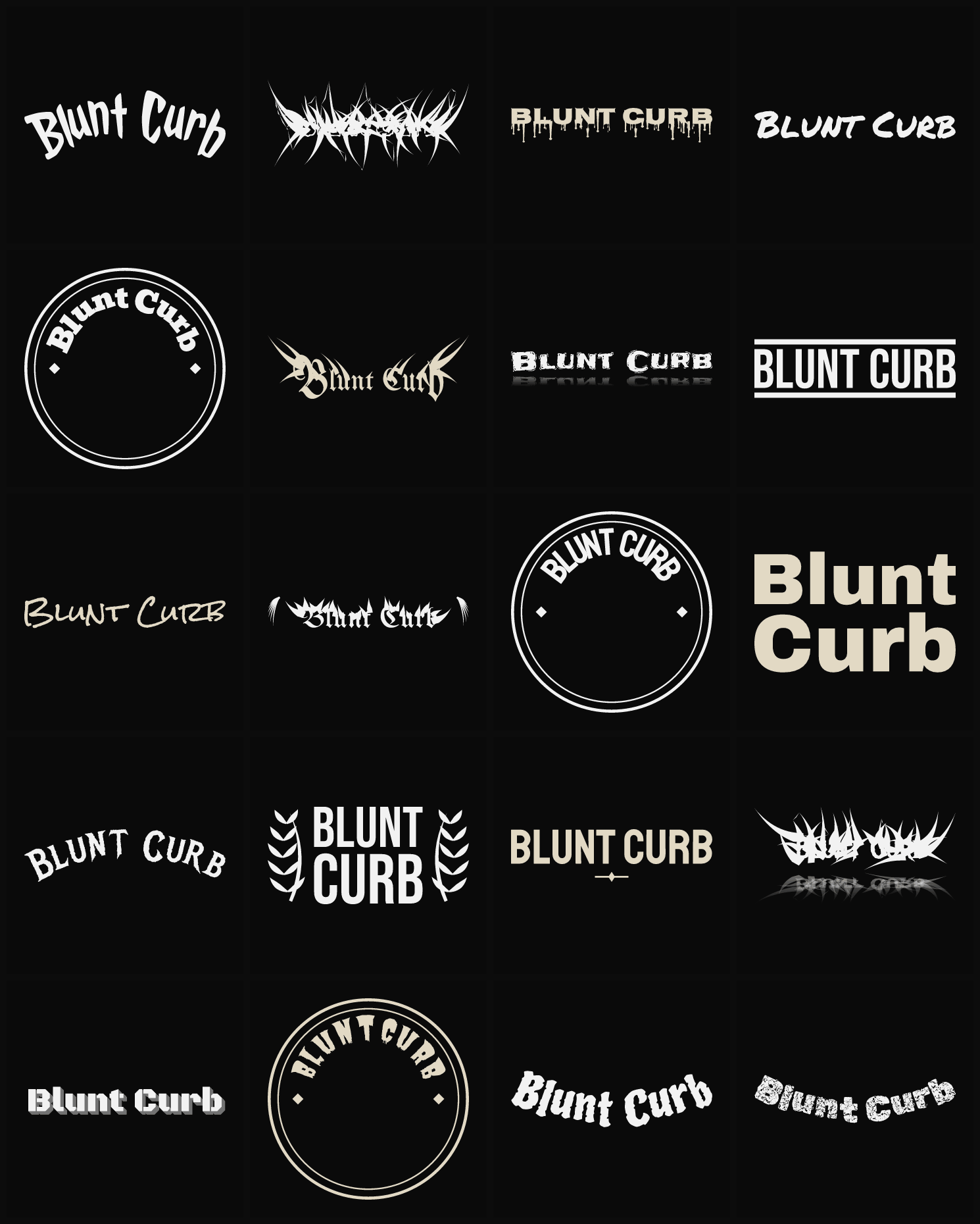 Twenty Blunt Curb band logo ideas — different faces, treatments and spike settings