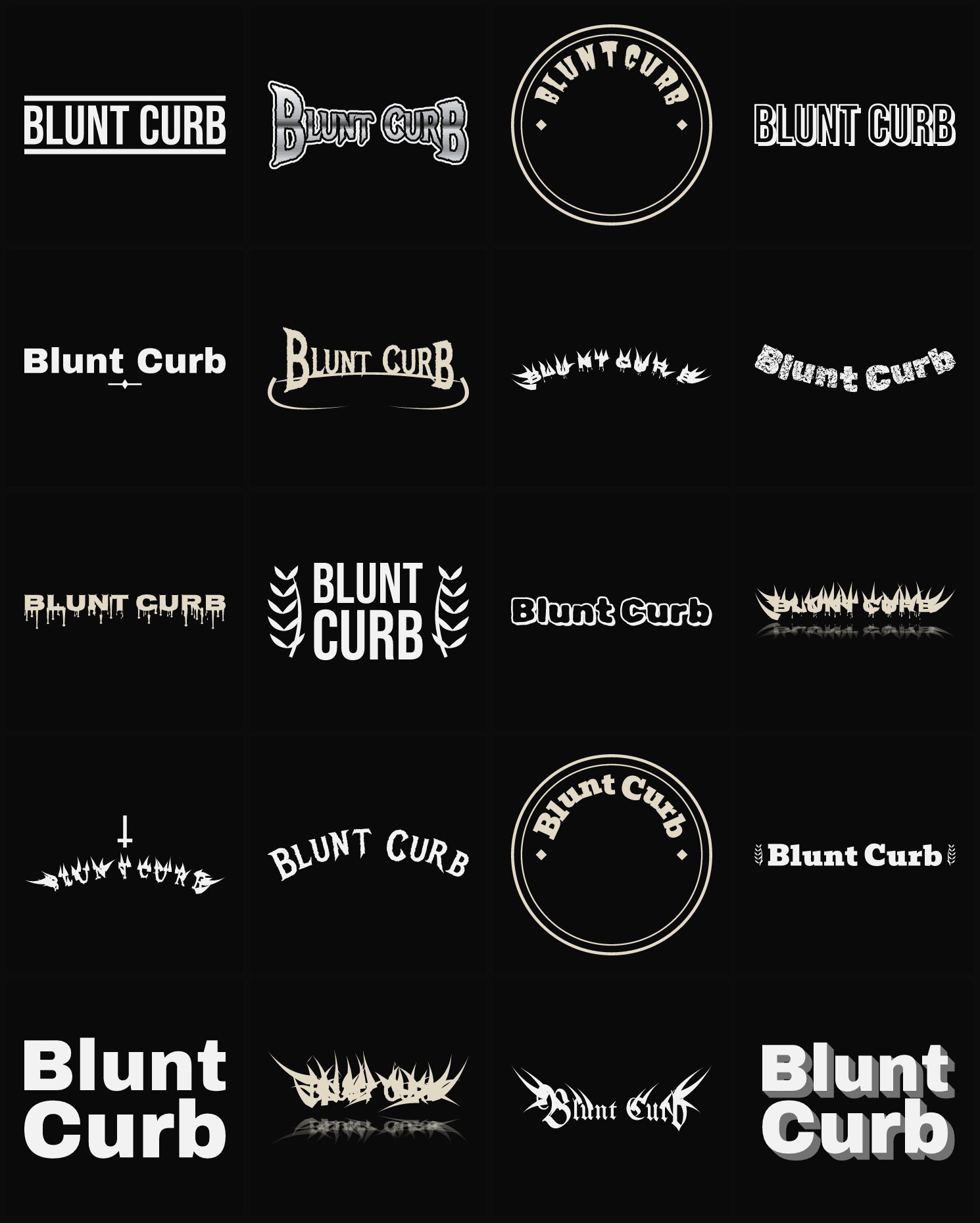 Twenty Blunt Curb band logo ideas — different faces, treatments and spike settings