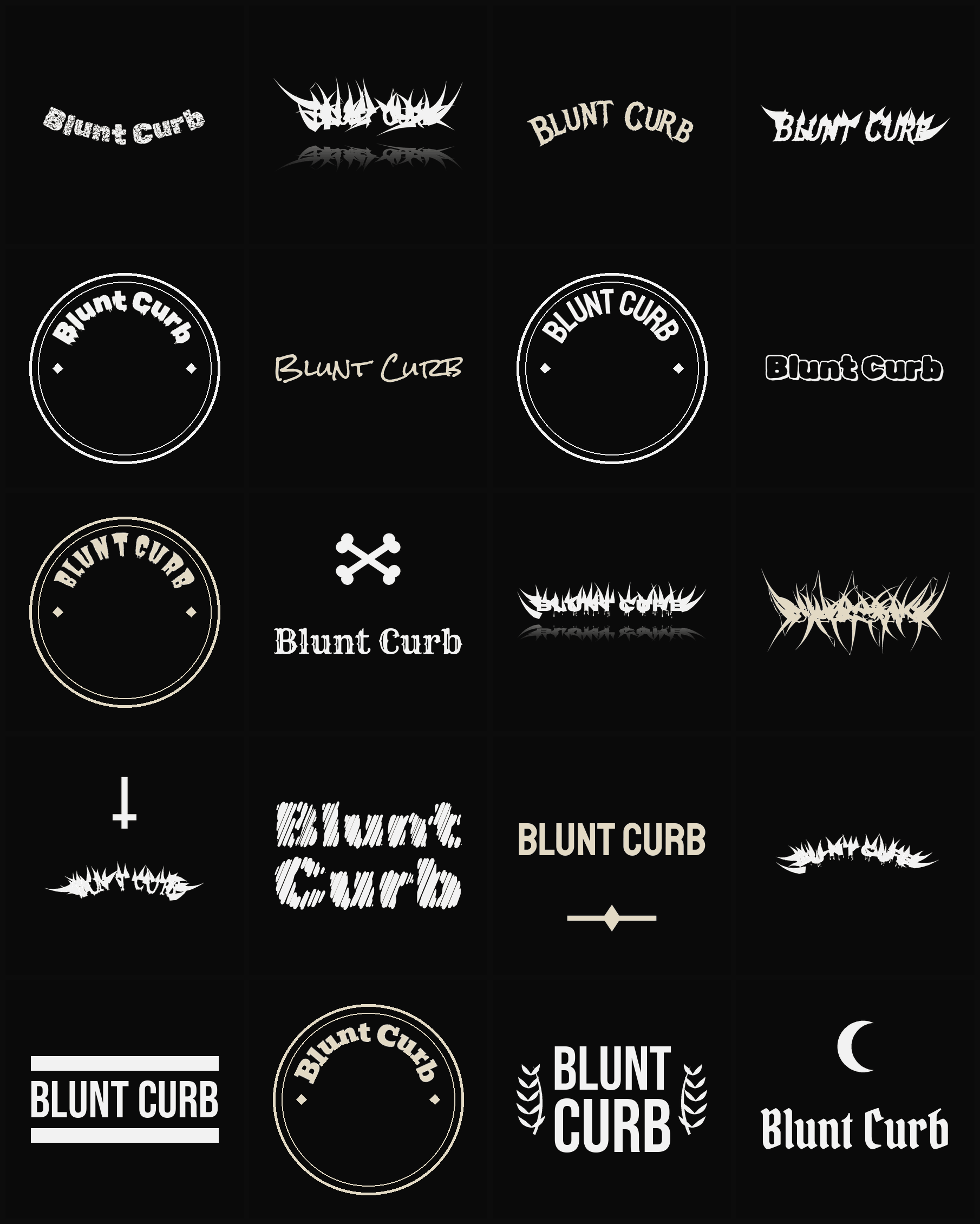 Twenty Blunt Curb band logo ideas — different faces, treatments and spike settings