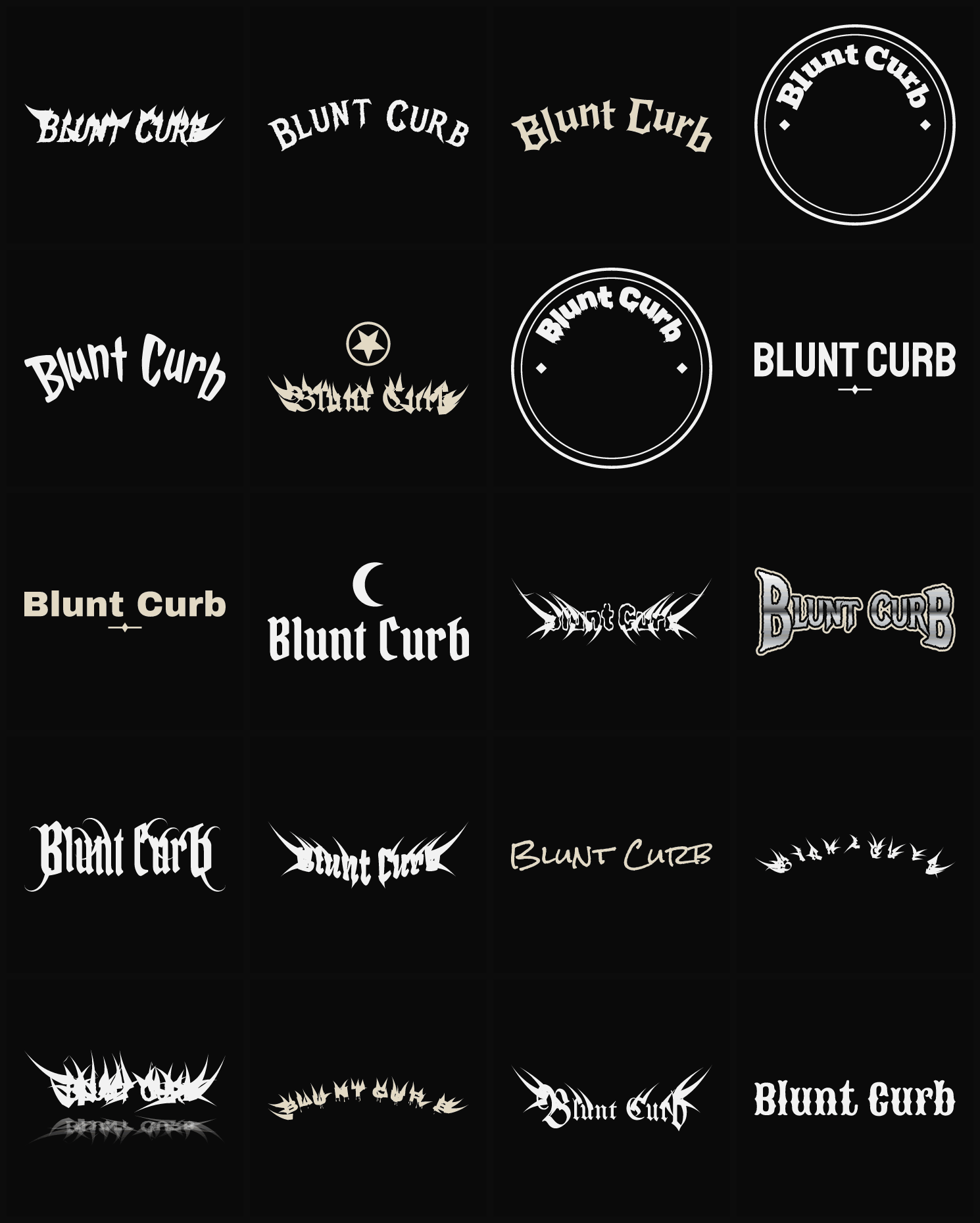 Twenty Blunt Curb band logo ideas — different faces, treatments and spike settings